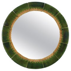 Circular Wall Mirror in Green and Amber Glazed Ceramic