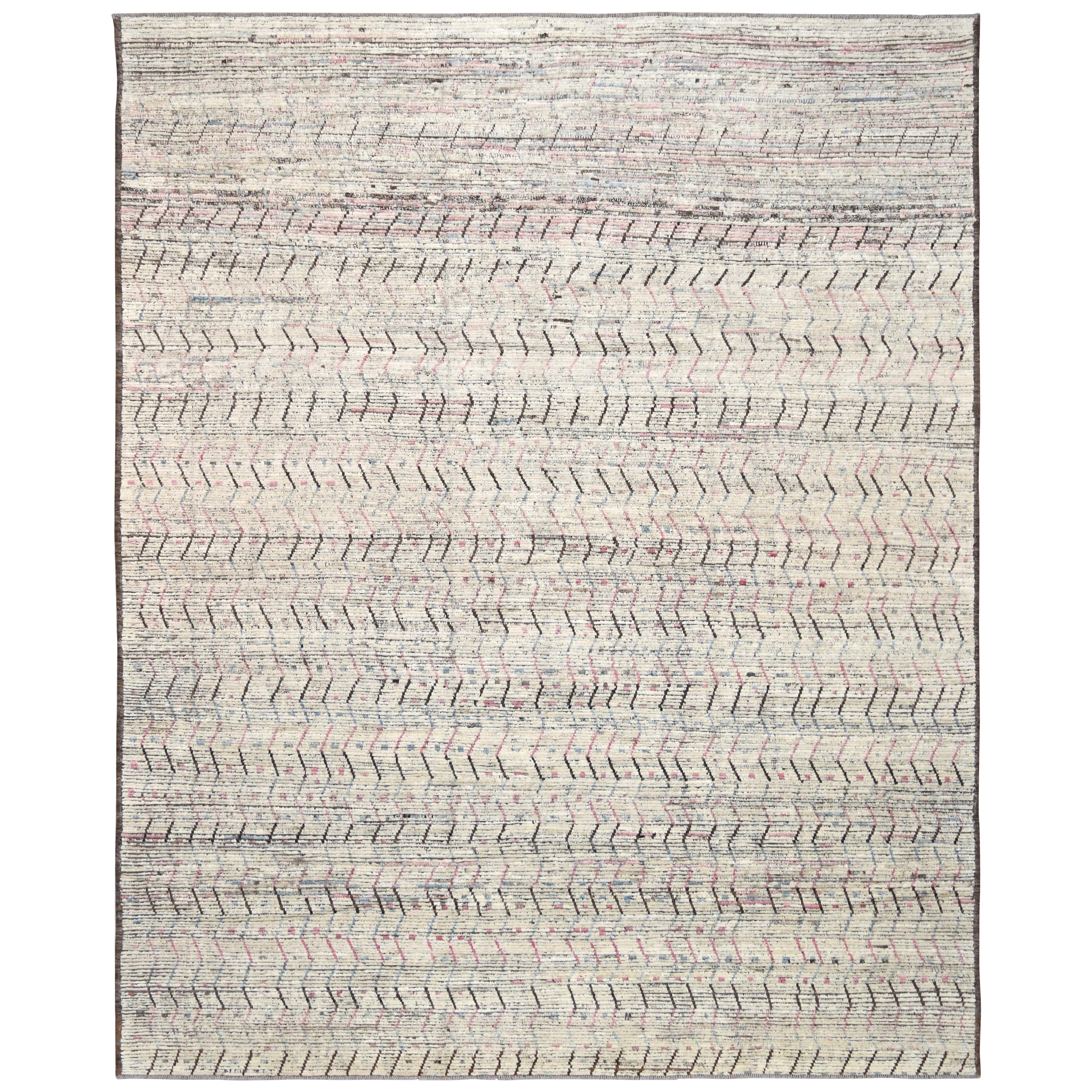 Tapis en laine à vagues linéaires ivoire, marron et rose, 11'3''x14''. en vente