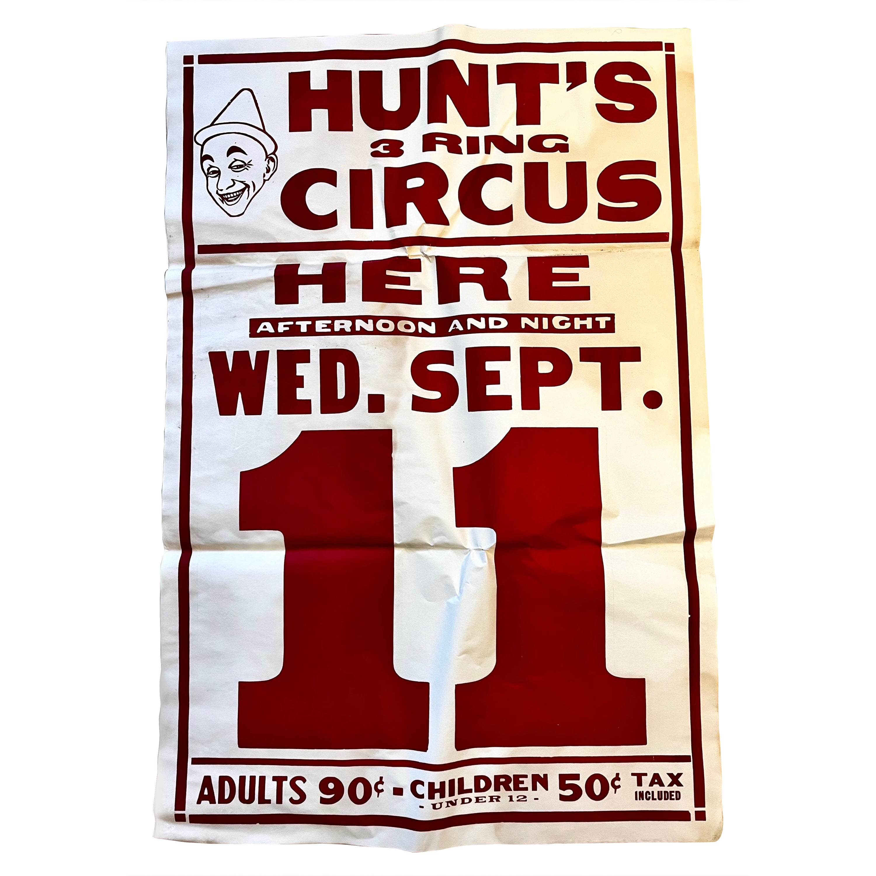 Große Vintage Hunt's 3 Ring Circus Datum Poster 28 "x 42", circa 1920er Jahre