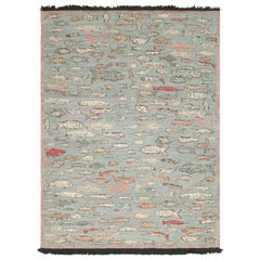 Rug & Kilim’s Pictorial Art Rug in Blue with Polychromatic Fish Illustrations