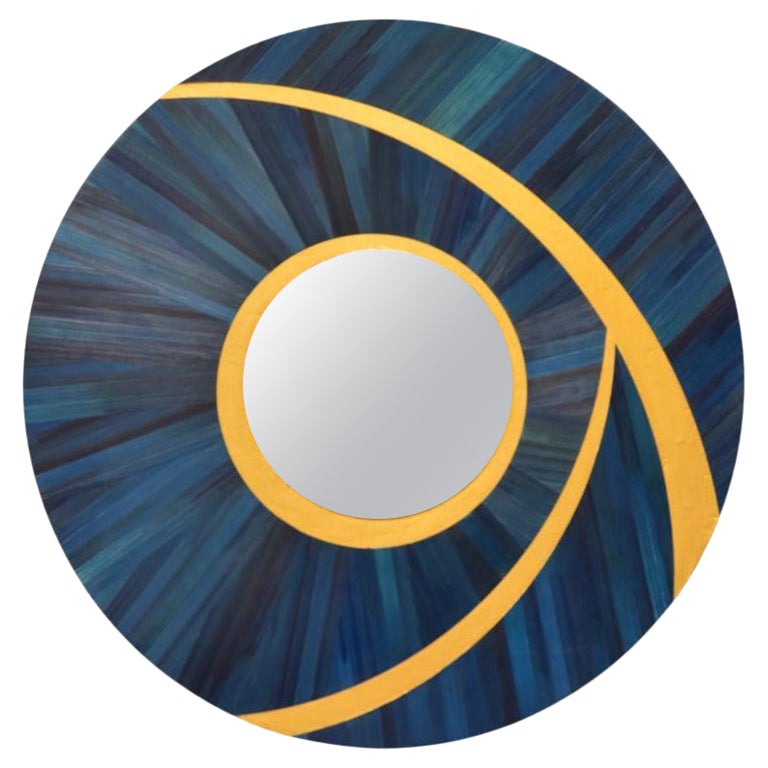 mirror in straw marquetry, center in polished stainless steel, by les2ebenistes For Sale