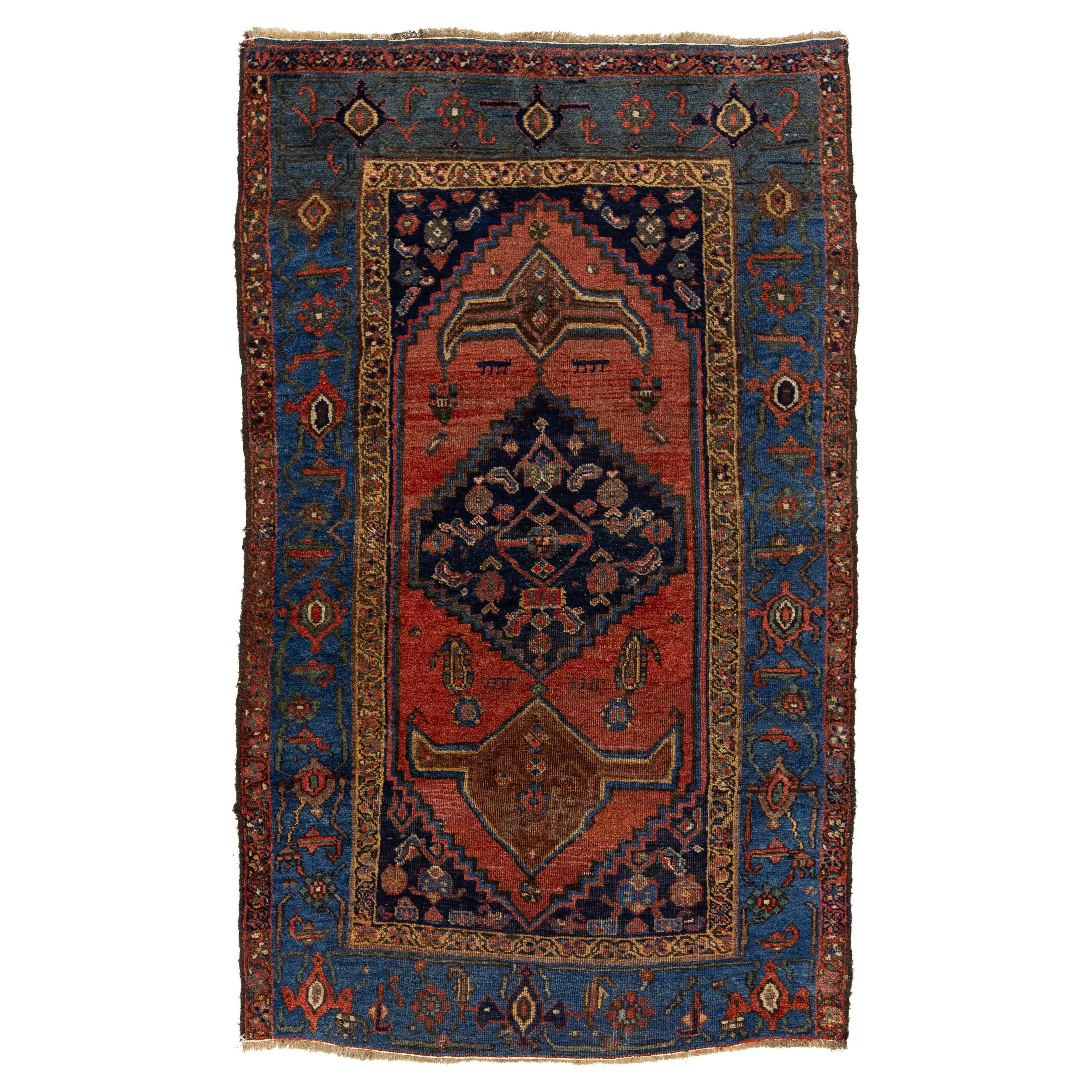 1900s Red and Blue Antique Bidjar Handmade Wool Rug