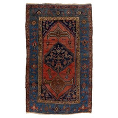 Alfombra antigua de lana roja y azul Bidjar de 1900 hecha a mano