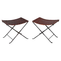 Pair of Vintage Woven Leather X Base Iron Stools