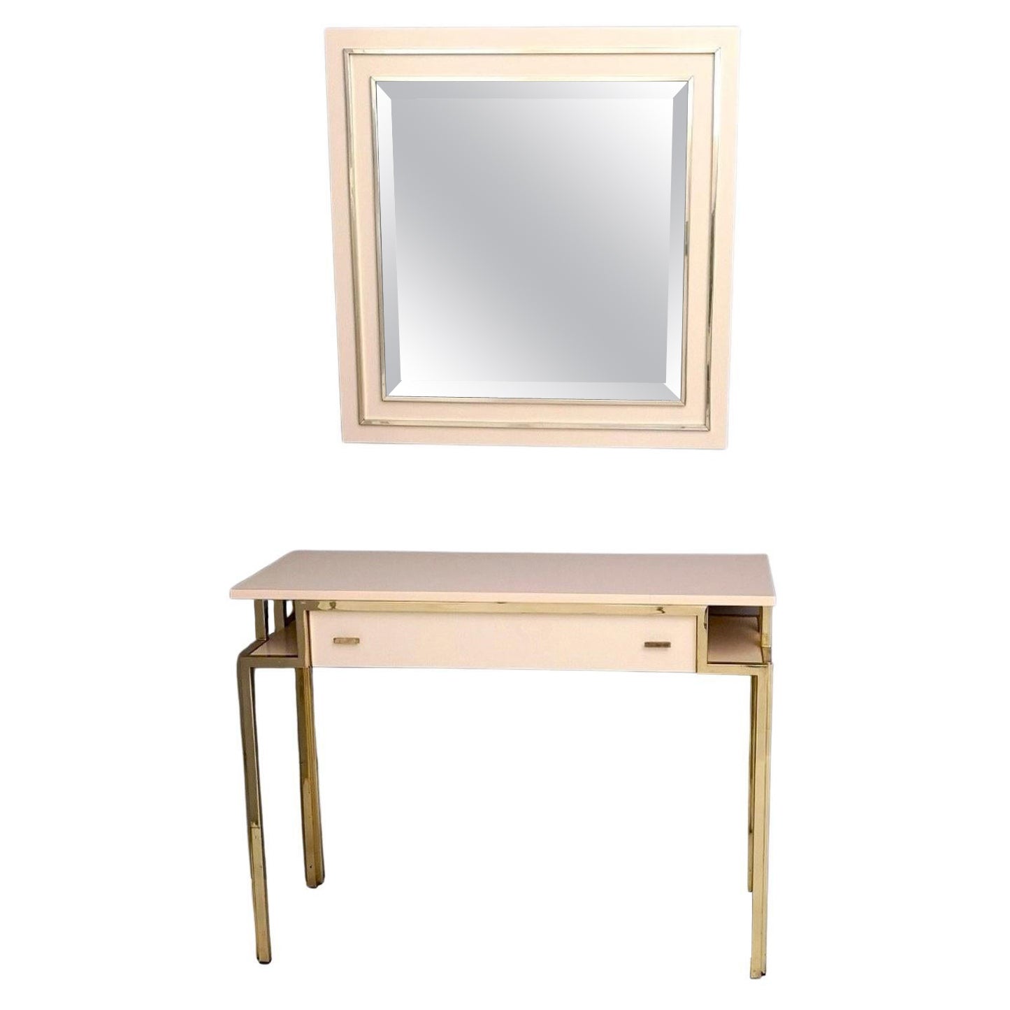 Tavolo consolle postmoderno in formica rosa pallido e ottone con specchio a parete, Italia