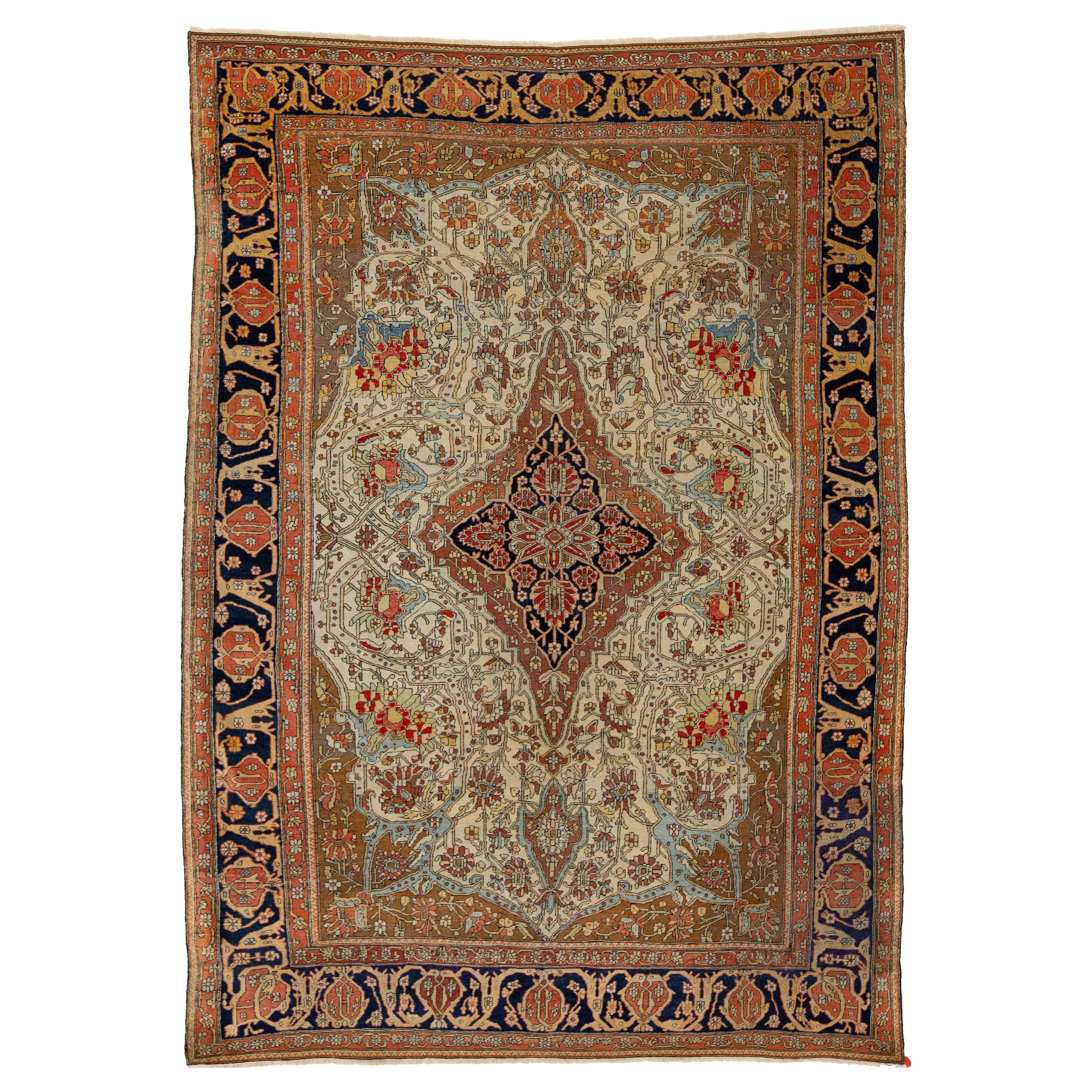 Antique Persian Mohtasham  Kashan Designed Wool Rug Handmade In Beige