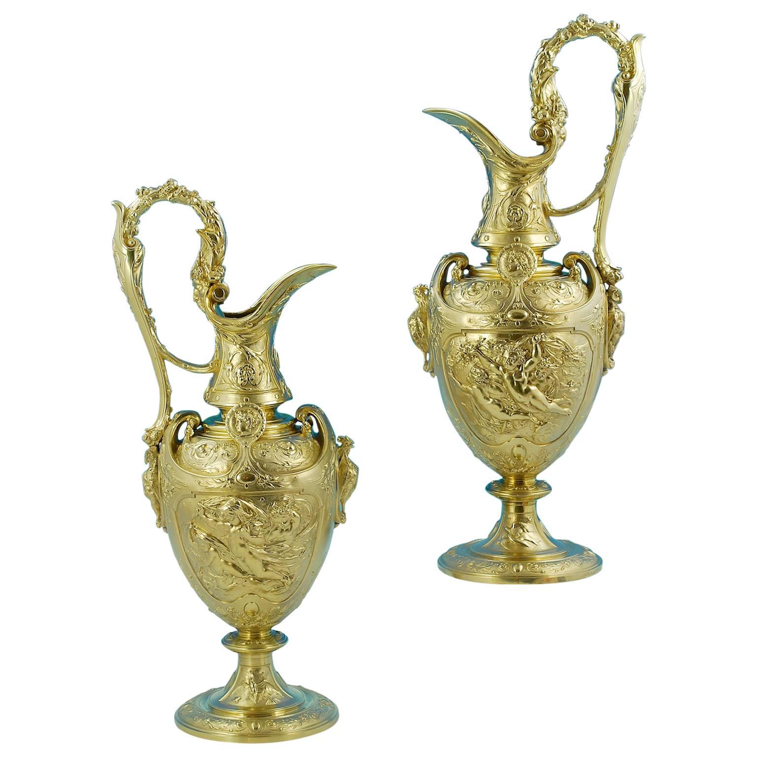 Outstanding Quality and Very Large Pair of Victorian Silver-Gilt Claret Jugs For Sale