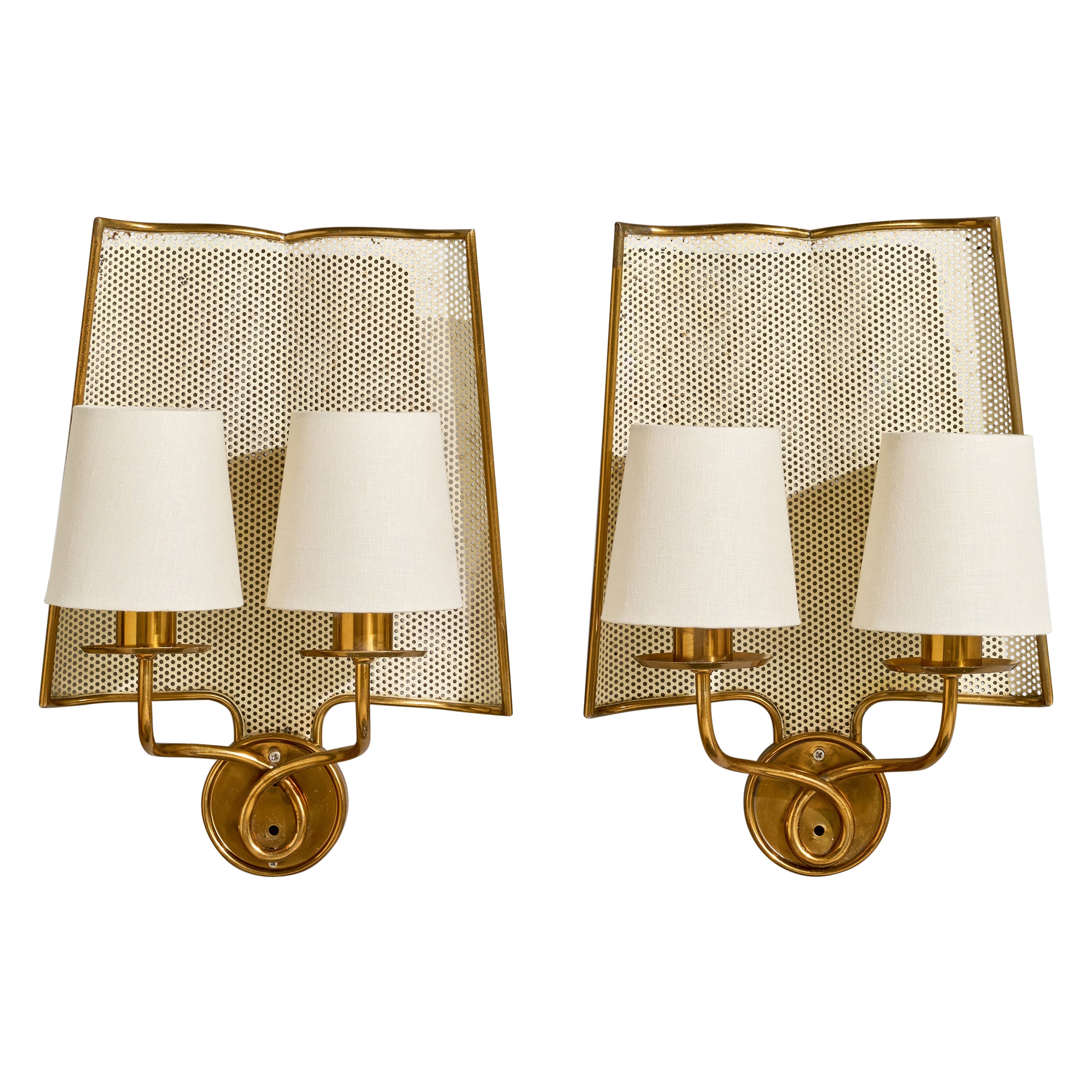 Italian Designer, Wall Lights, Brass, Metal, Fabric, Italy, 1950s