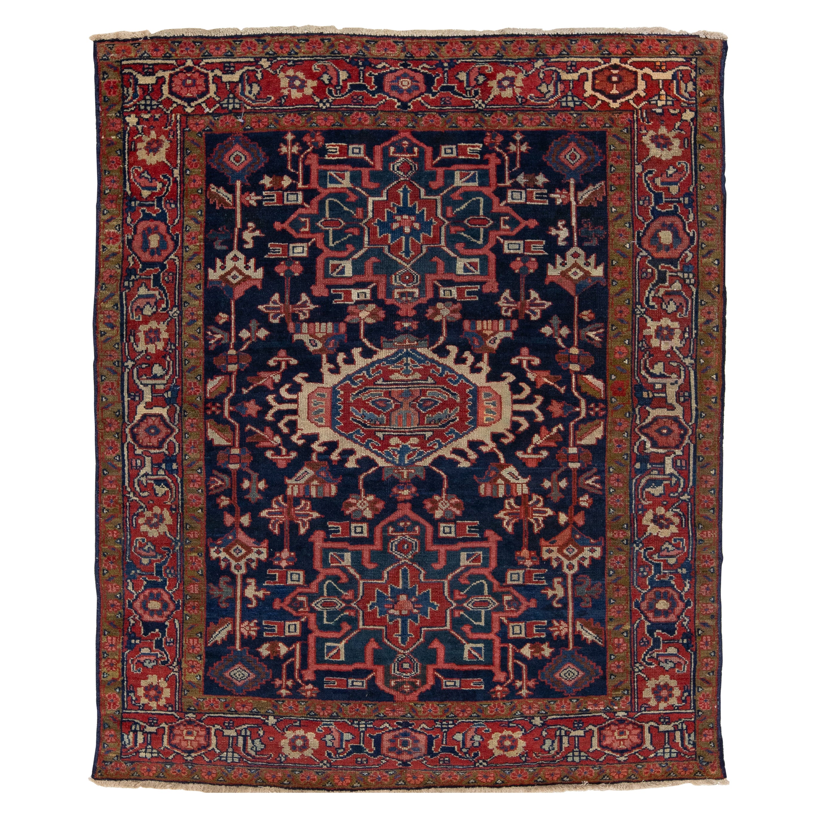 Antique Persian Heriz Blue Wool Rug Handmade With Medallion Design