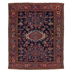Antique Persian Heriz Blue Wool Rug Handmade With Medallion Design