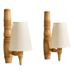 Swedish Designer, Wall Lights, Wood, Fabric, Sweden, 1960s