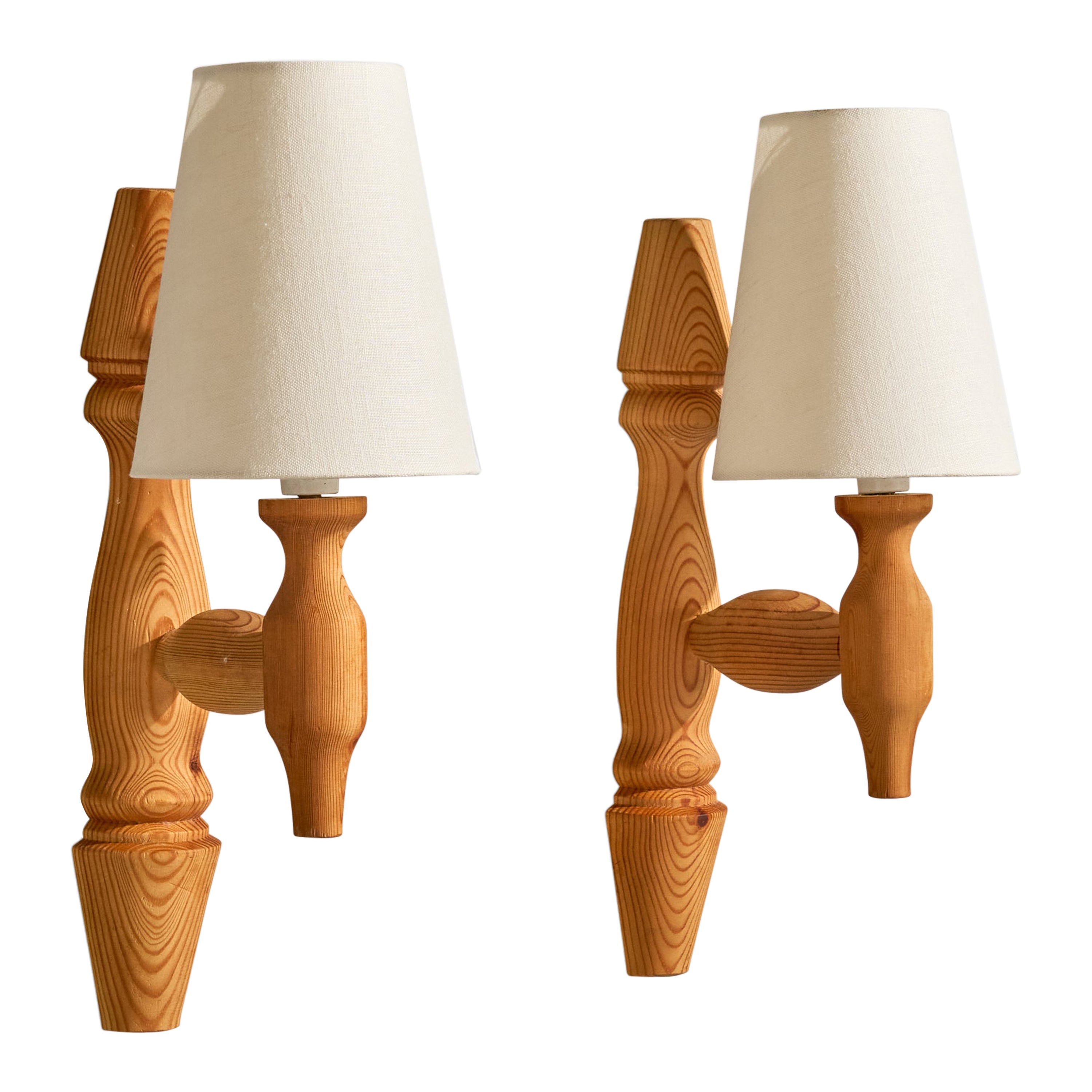 Schwedischer Designer, Wall Lights, Kiefer, Stoff, Schweden, 1970er