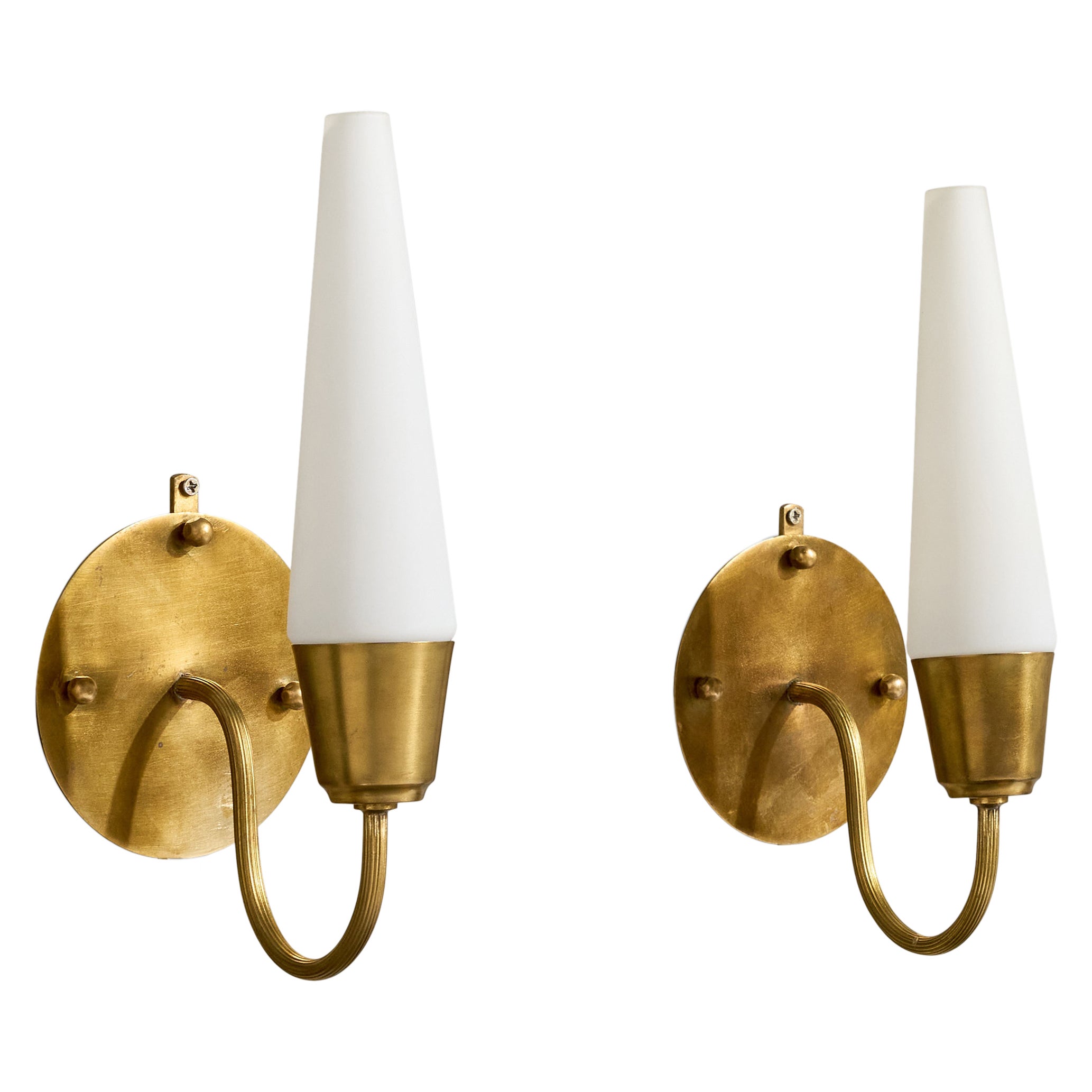 Swedish Designer, Wall Lights, Brass, Glass, Sweden, 1960s