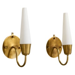 Swedish Designer, Wall Lights, Brass, Glass, Sweden, 1960s