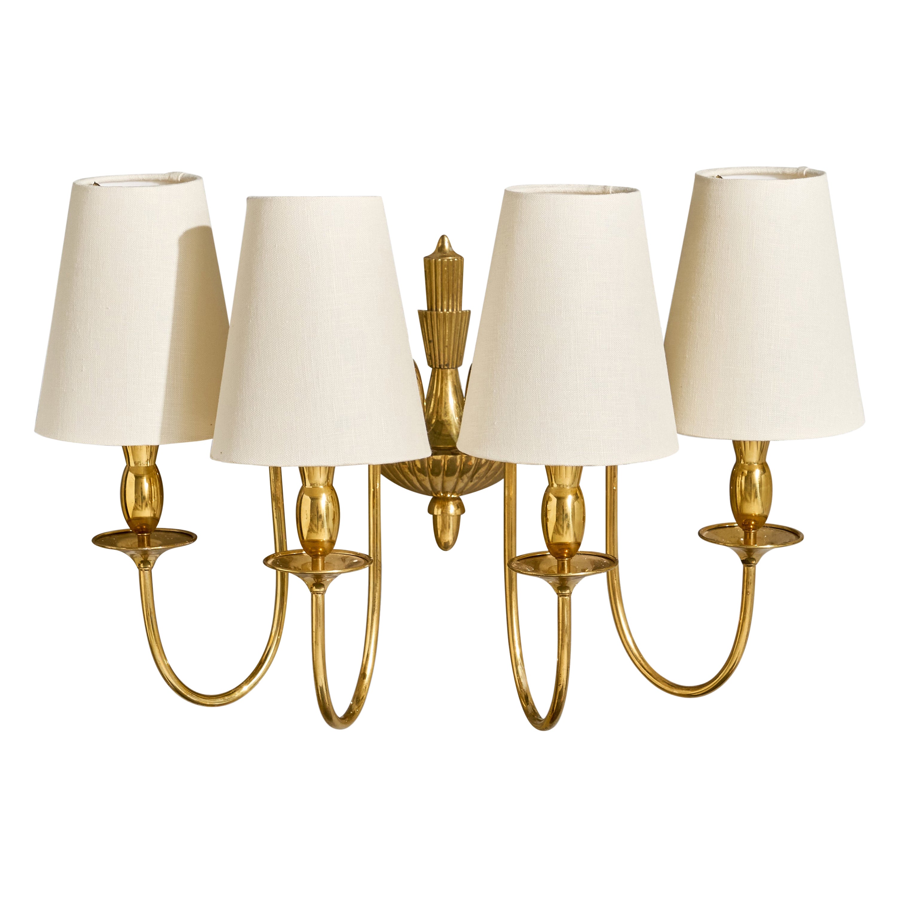 French Designer, Wall Light, Brass, Fabric, France, 1940s