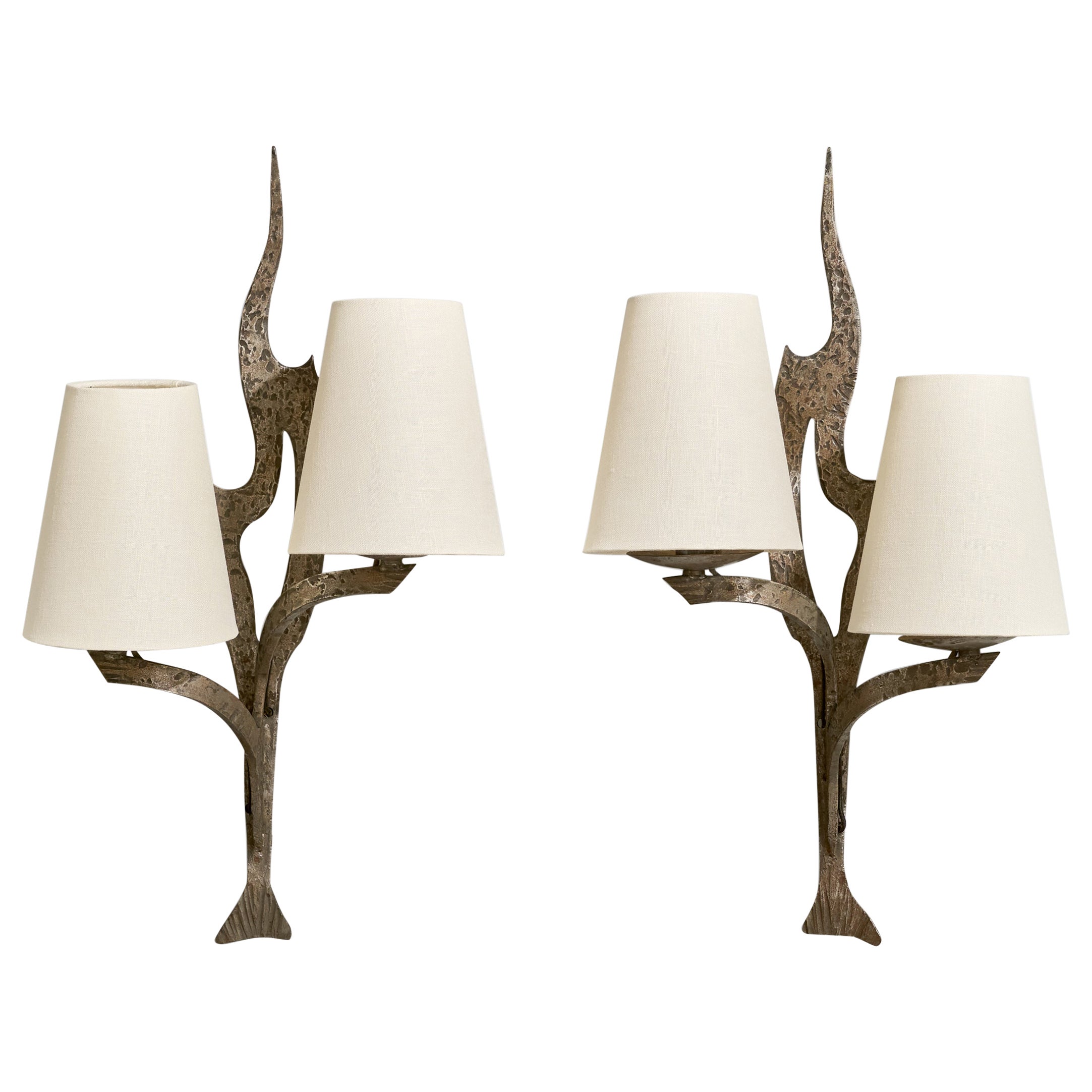 French Designer, Wall Lights, Metal, Fabric, 1960s
