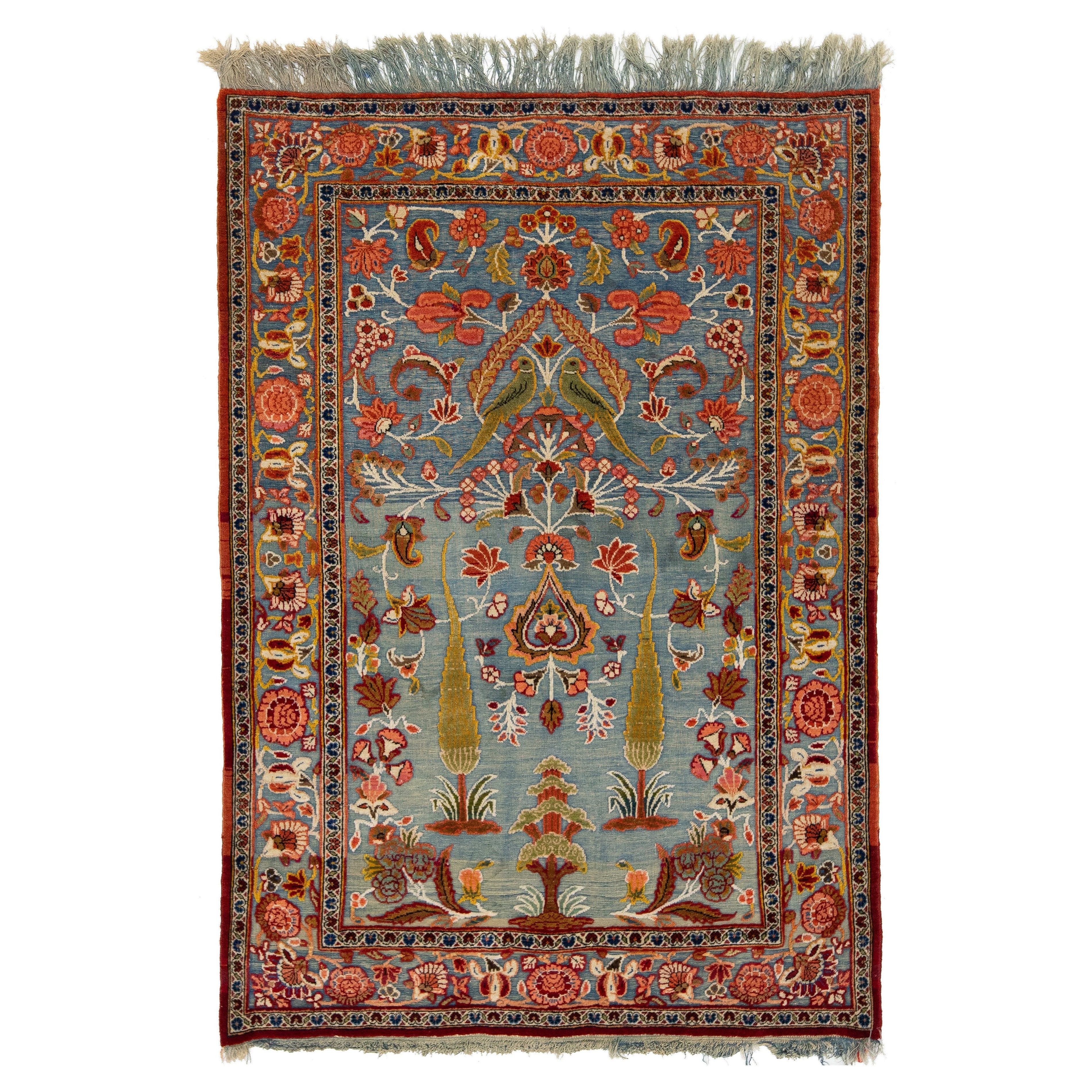 Alfombra Persa Antigua Tabriz De Lana Azul Con Diseño Floral