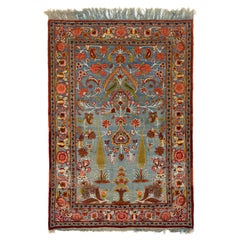 Antique Persian Tabriz Blue Wool Rug With Floral Design