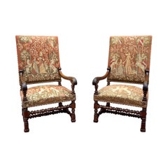 Antique English PAIR Arm Chairs Fireside Throne Chairs LARGE Needlepoint 19thC