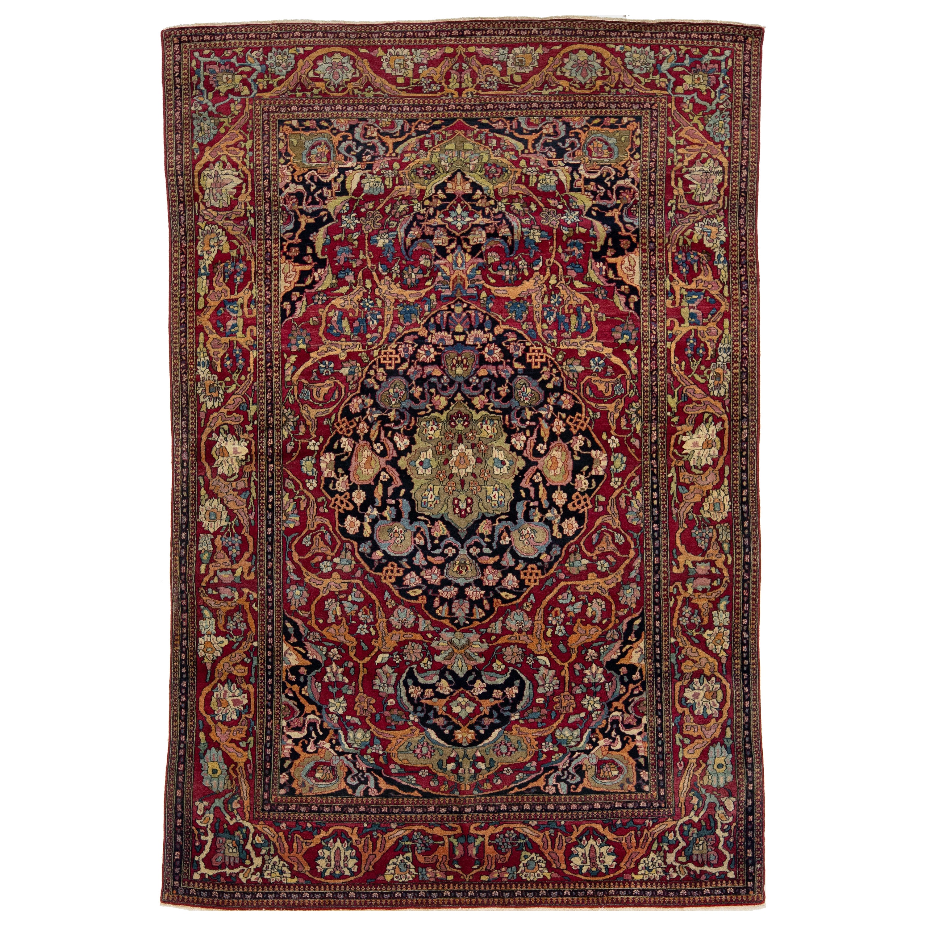 Ancien tapis persan Kerman en laine rouge avec un motif de rosette