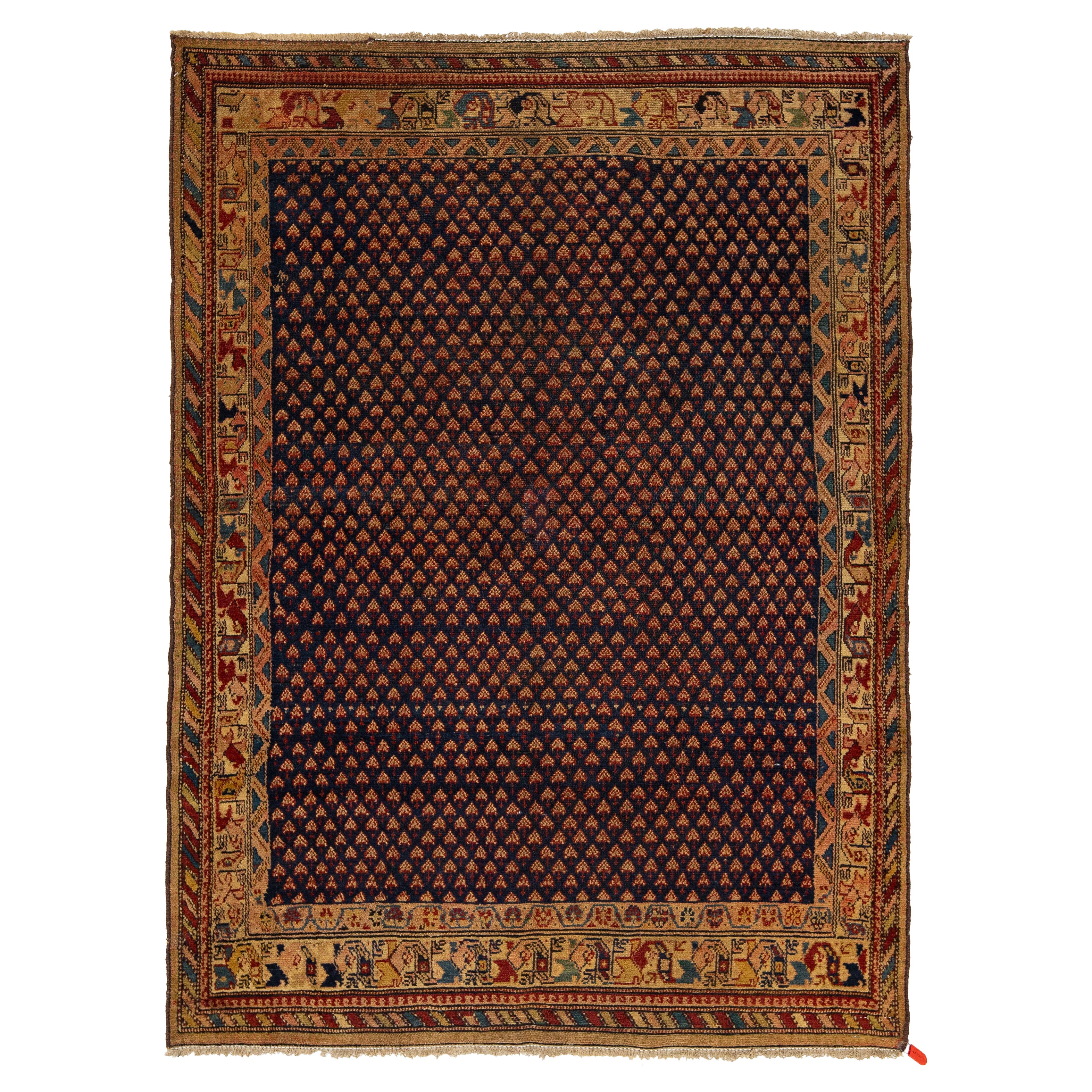 Tapis persan Malayer ancien bleu avec motif sur toute sa surface