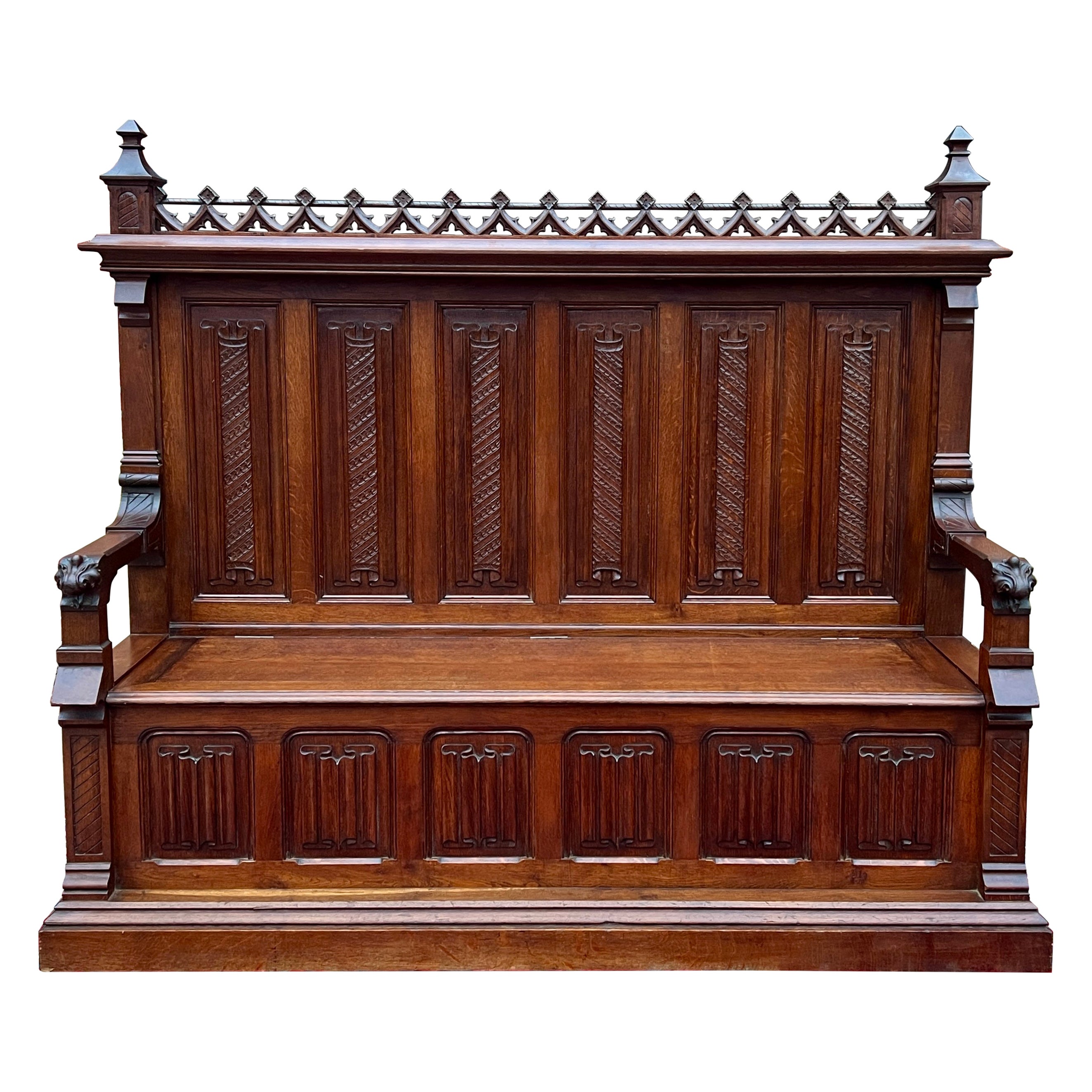 Large Antique French Bench Settee Gothic Oak Tracery Lift Top Seat c. 19th