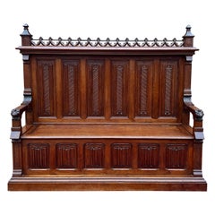Large Antique French Bench Settee Gothic Oak Tracery Lift Top Seat c. 19th