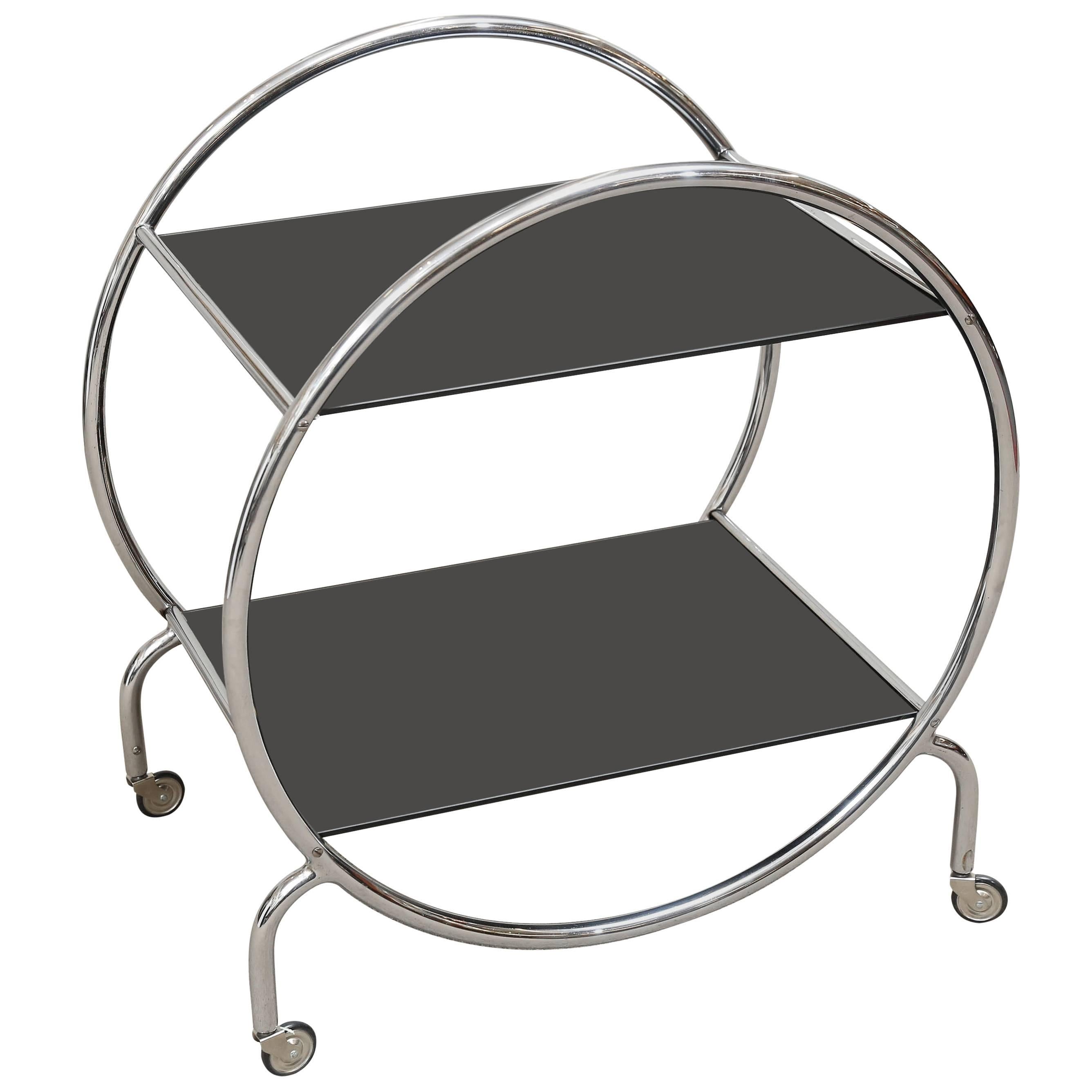 Art Deco  Hungarian Round Chrome/ Glass Bar Cart