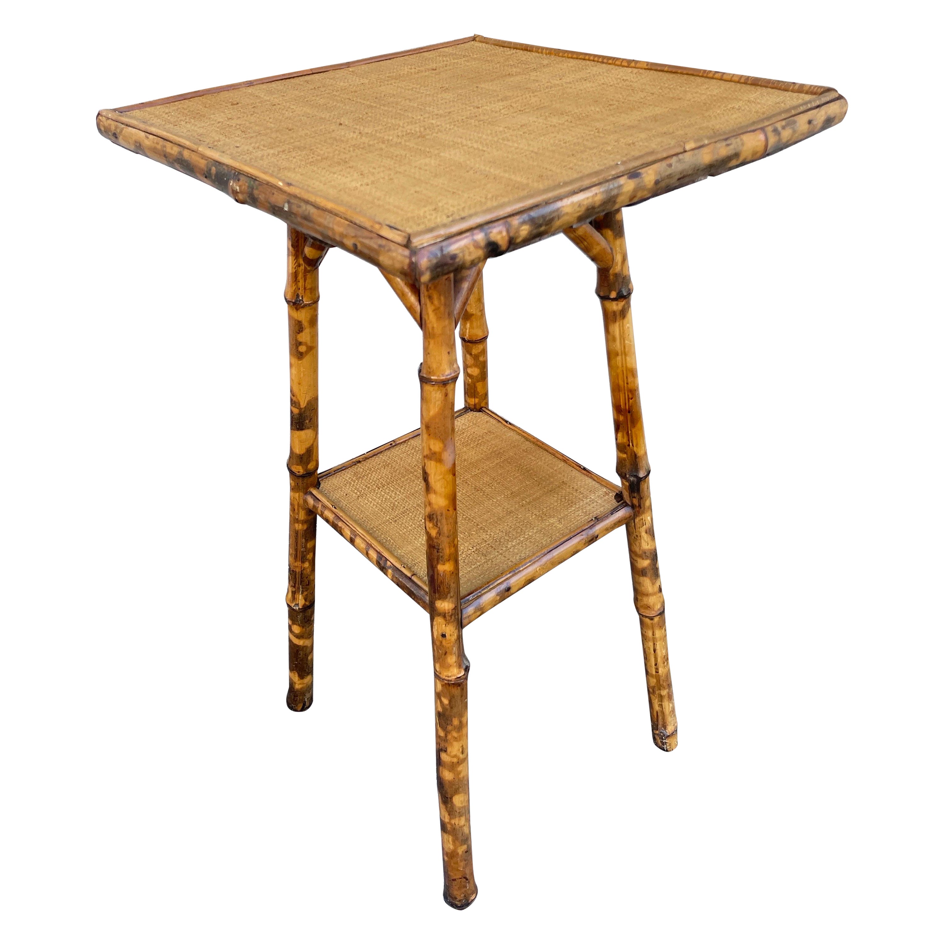 Antique Burnt Bamboo & Raffia Side Table