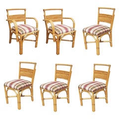 Chaises de salle à manger en rotin à double bras en arc restaurées avec dossier à 7 brins, lot de 6