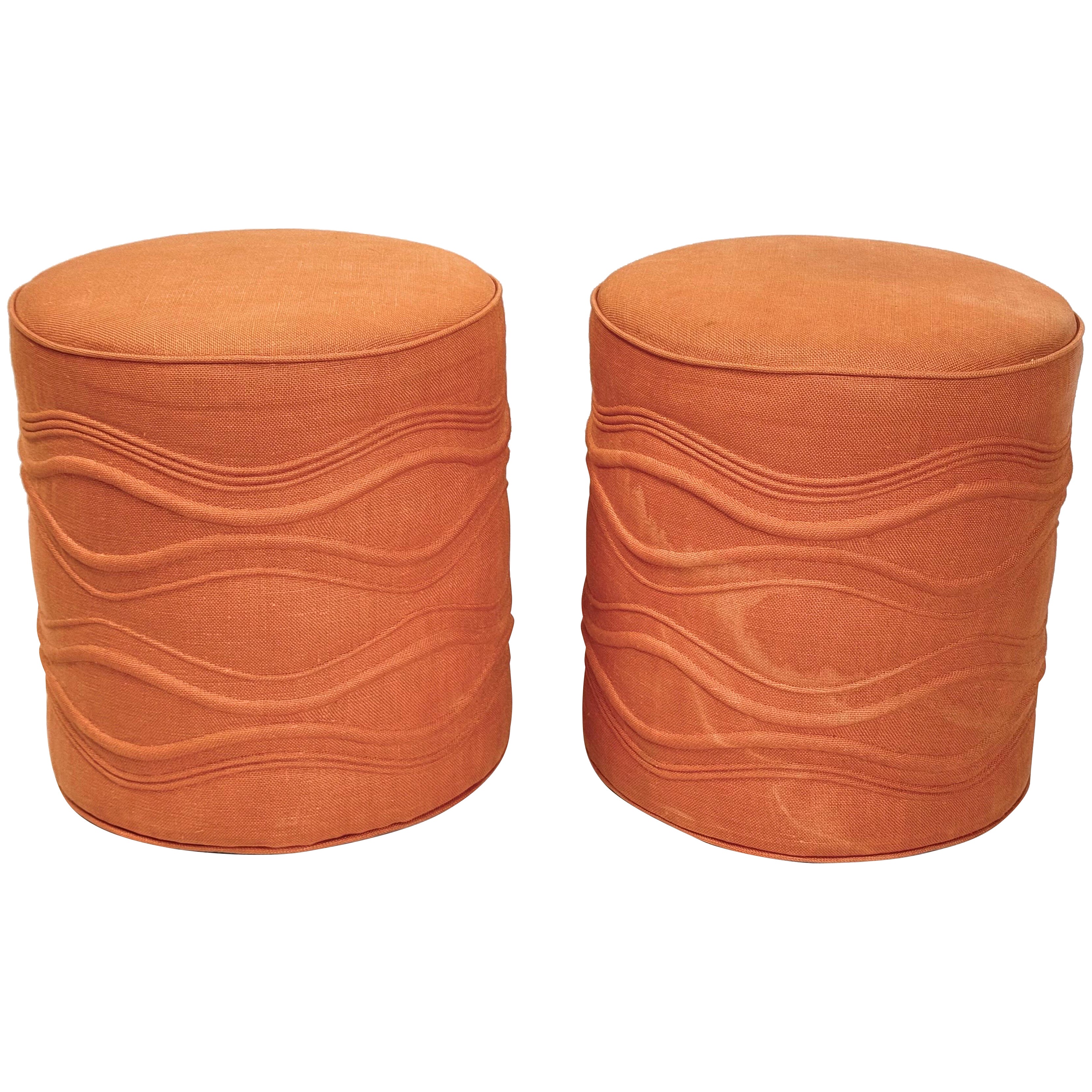 Pair of Cylindrical Swivel Ottomans in Orange