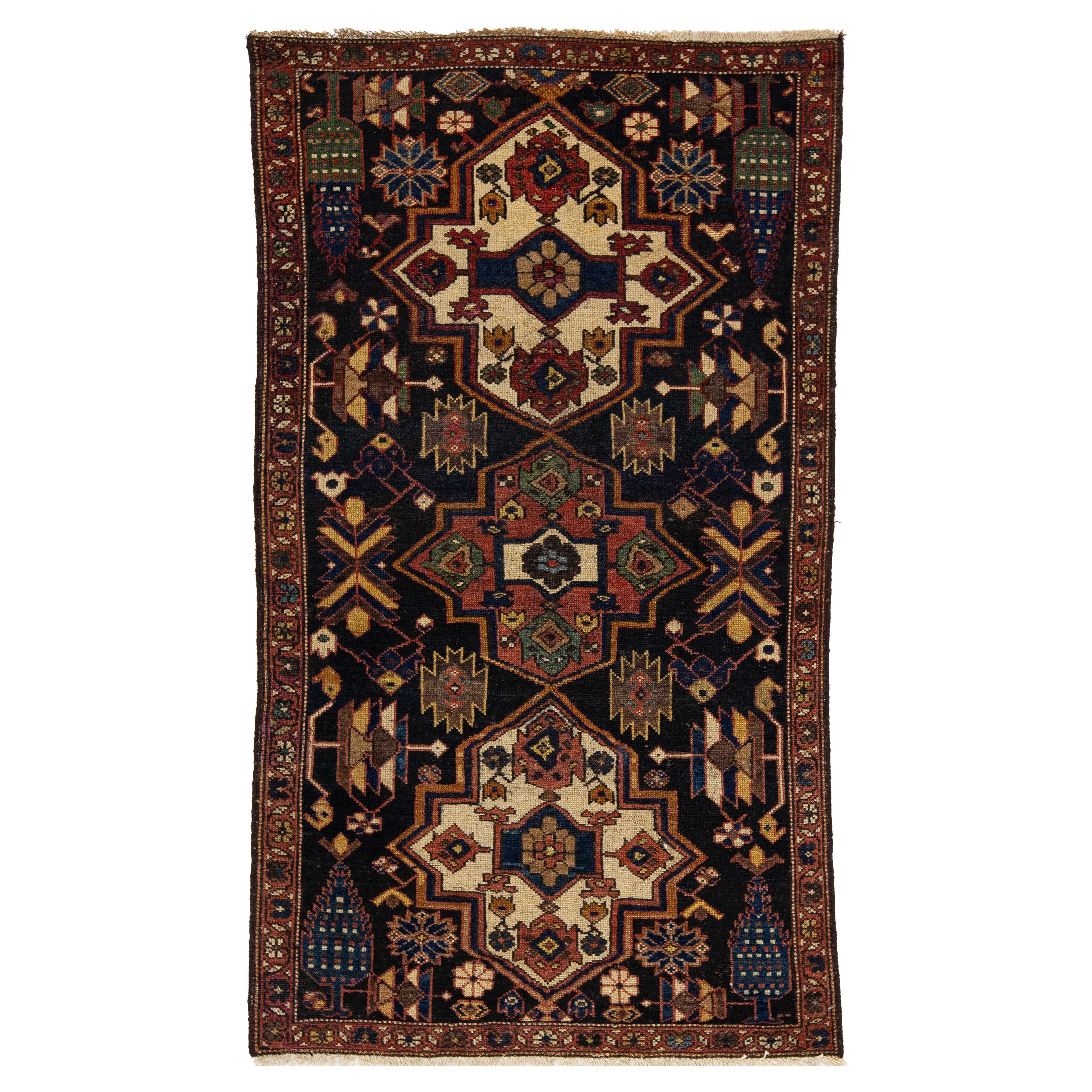 Tapis persan ancien Malayer en laine bleue avec motif tribal