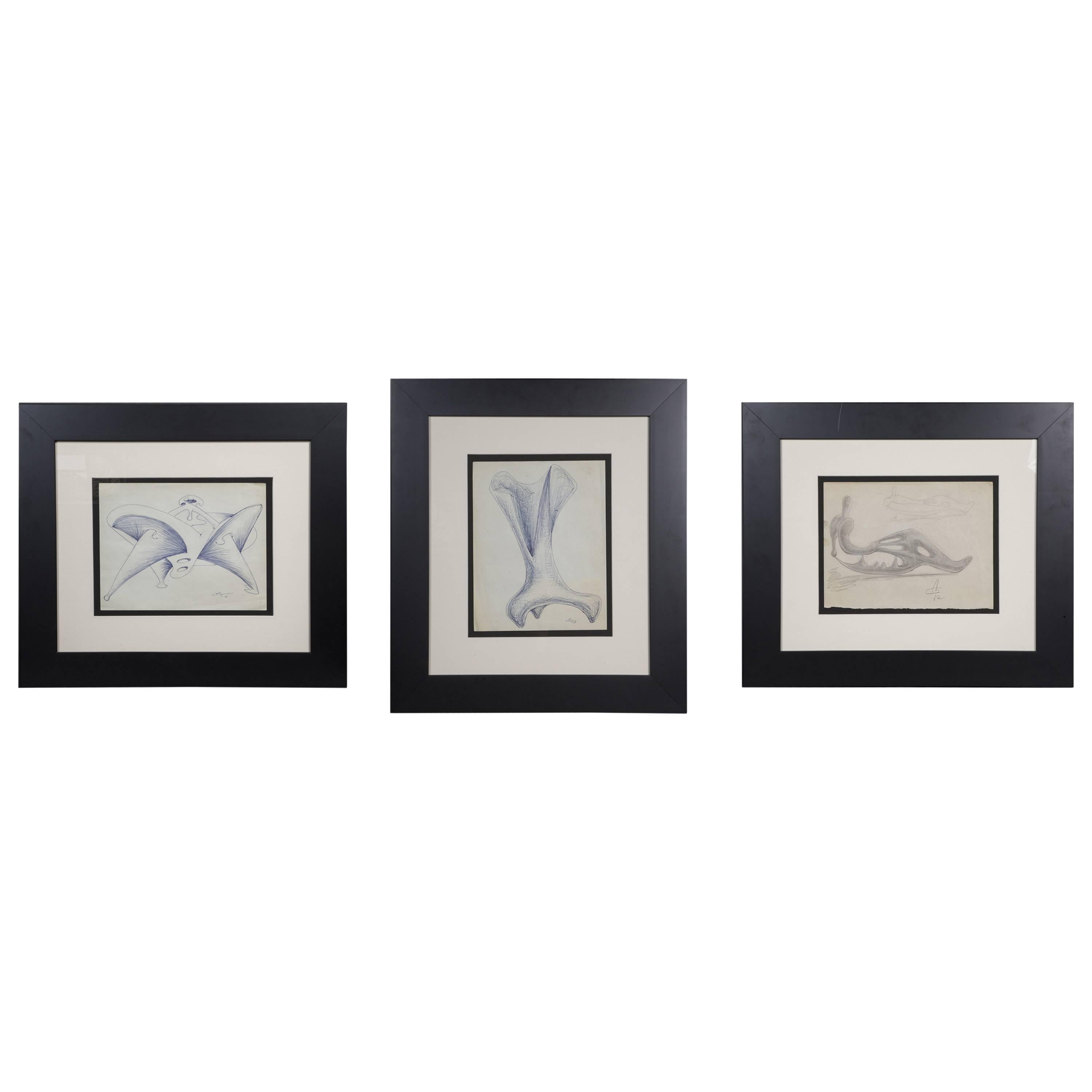 Set of Three Paper Drawings of Augustin Cardenas For Sale