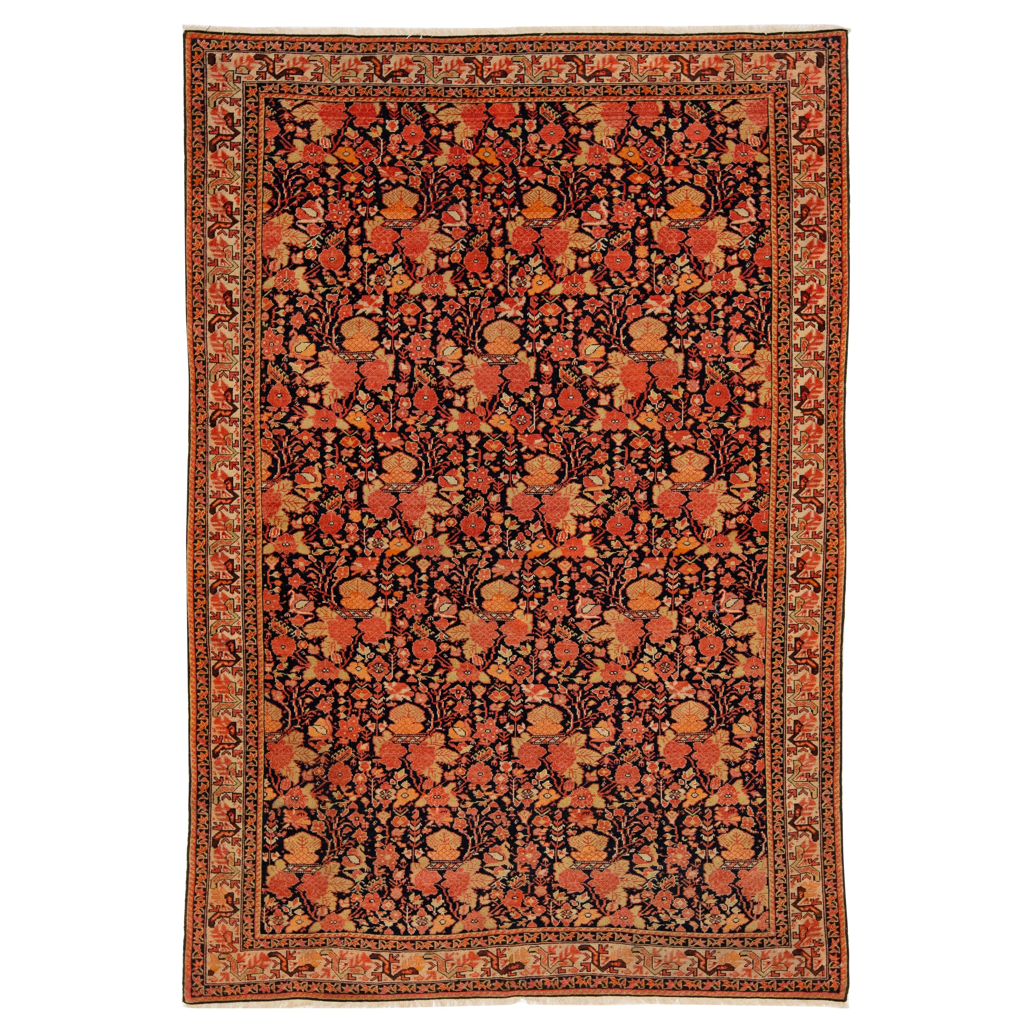 4 x 6 Antique Malayer Persian Orange Wool Rug with Aoover Floral Design