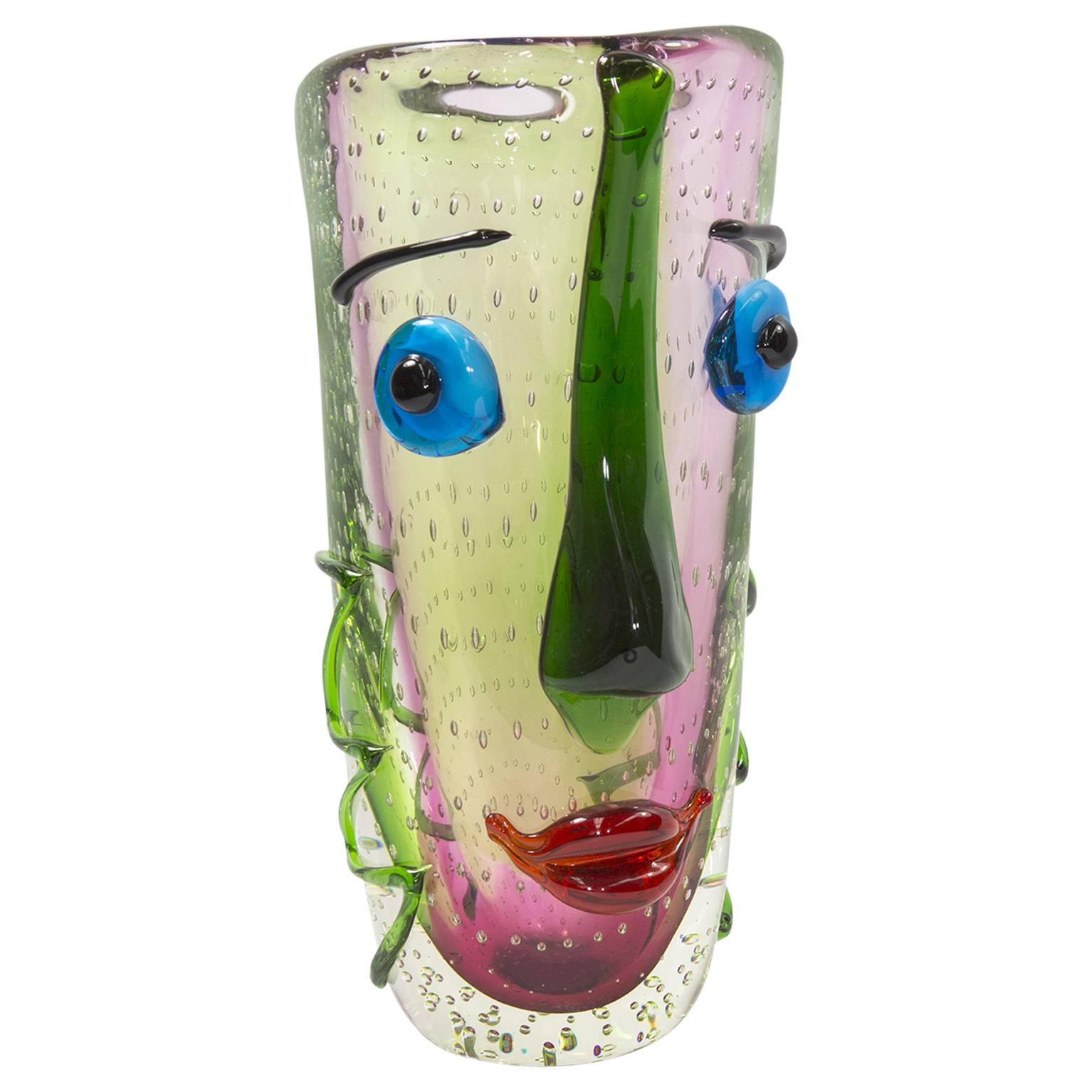 Large Murano Multicolored Abstract Picasso Face Art Glass Vase 