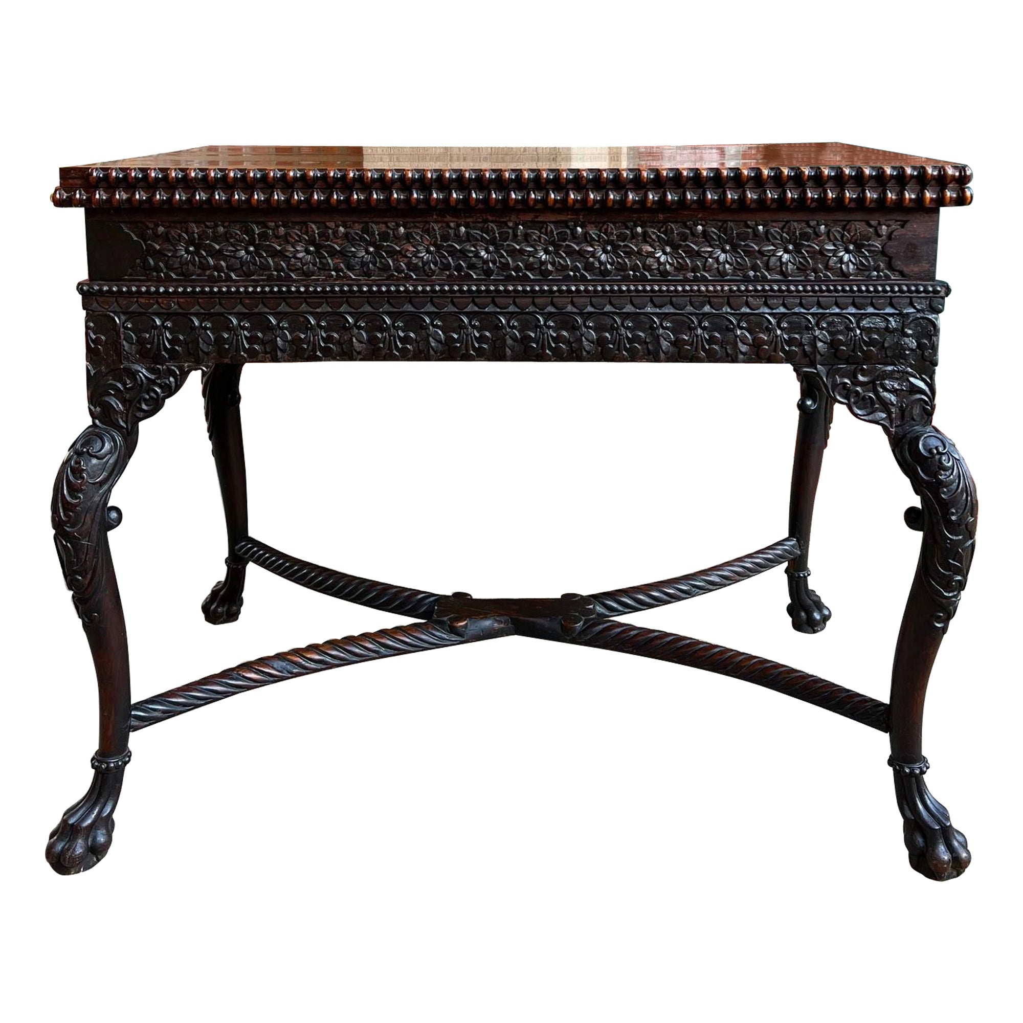 Antike Foyer Hall Tisch British Colonial geschnitzt Holz Leder Flip Top birmanischen im Angebot