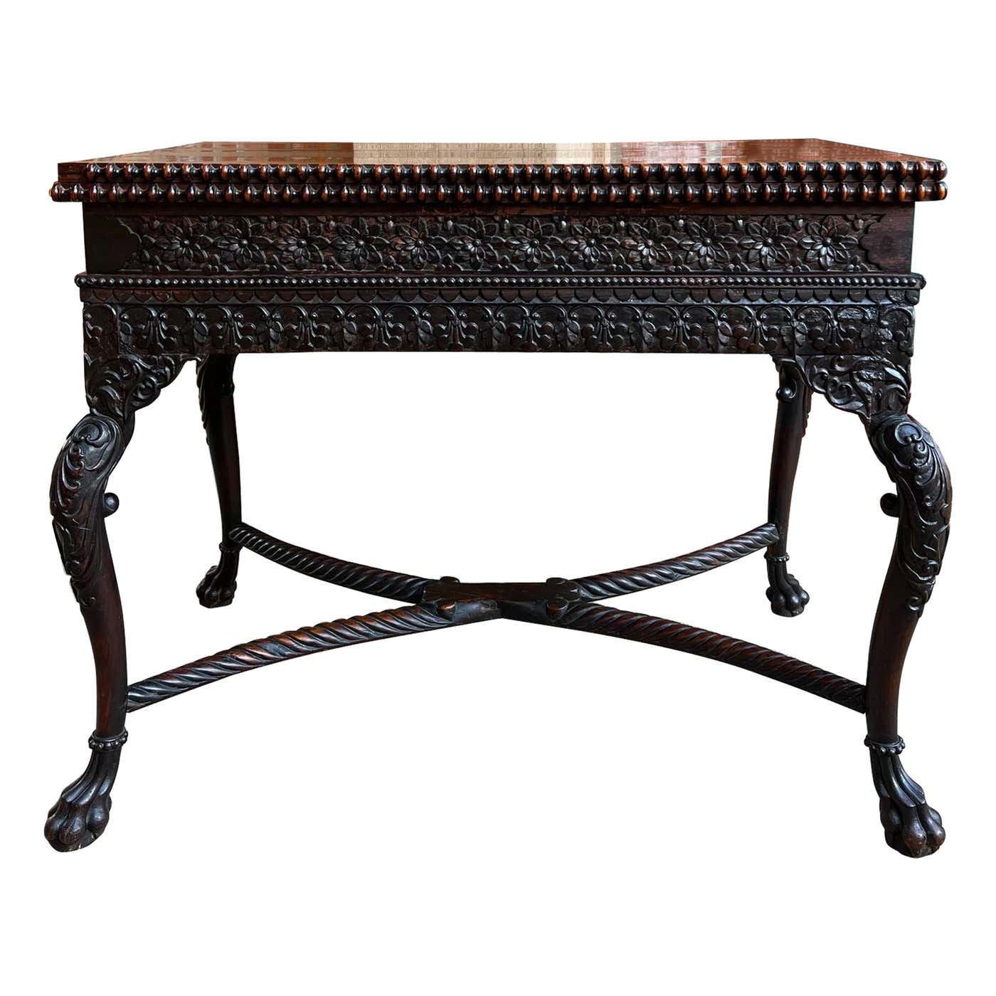 Antique Foyer Hall Table British Colonial Carved Wood Leather Flip Top ...
