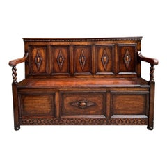 Antique English Hall Bench Carved Oak Barley Twist Jacobean Lift Top Settee