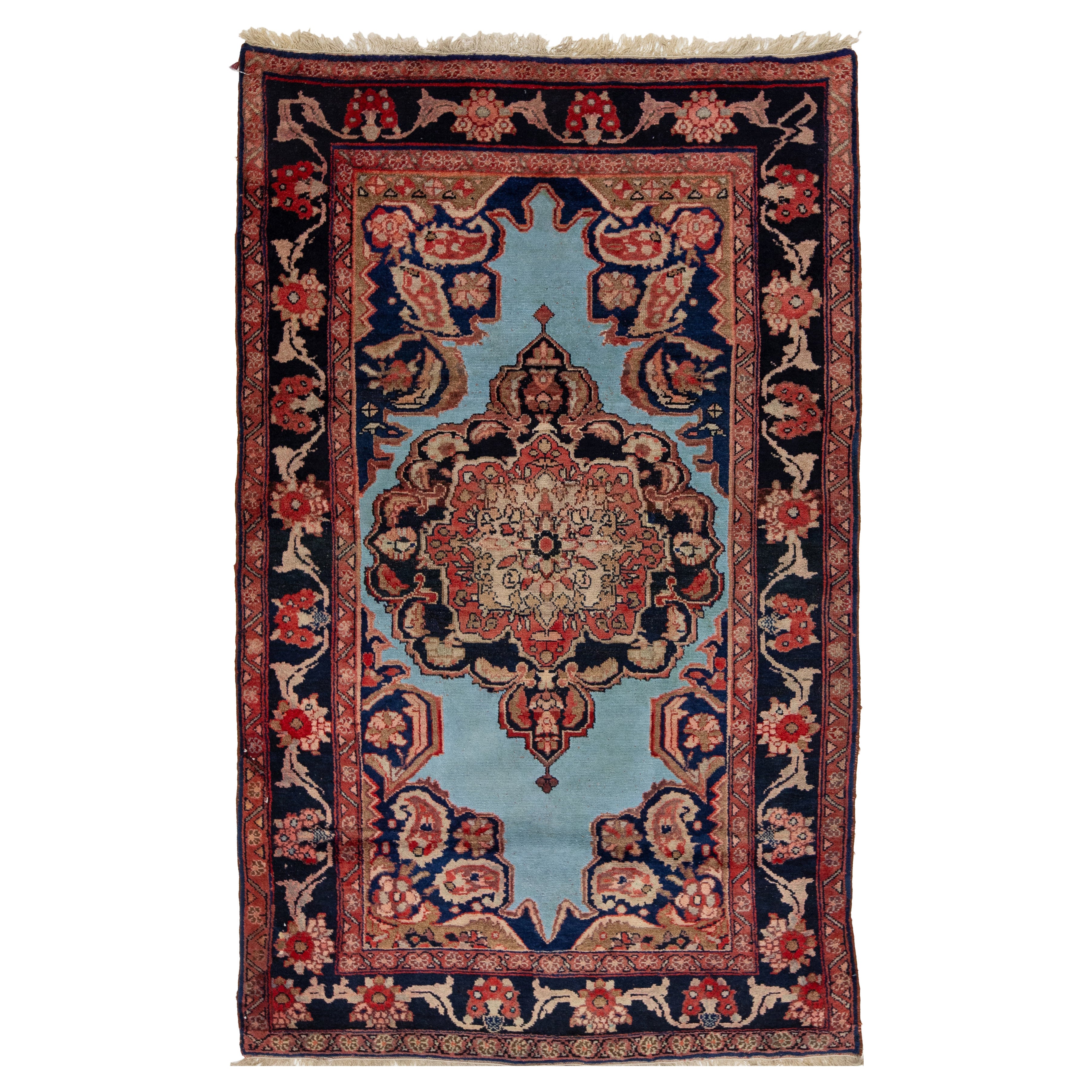 Alfombra de lana Mahal azul de los años 20 con diseño de medallón hecho a mano
