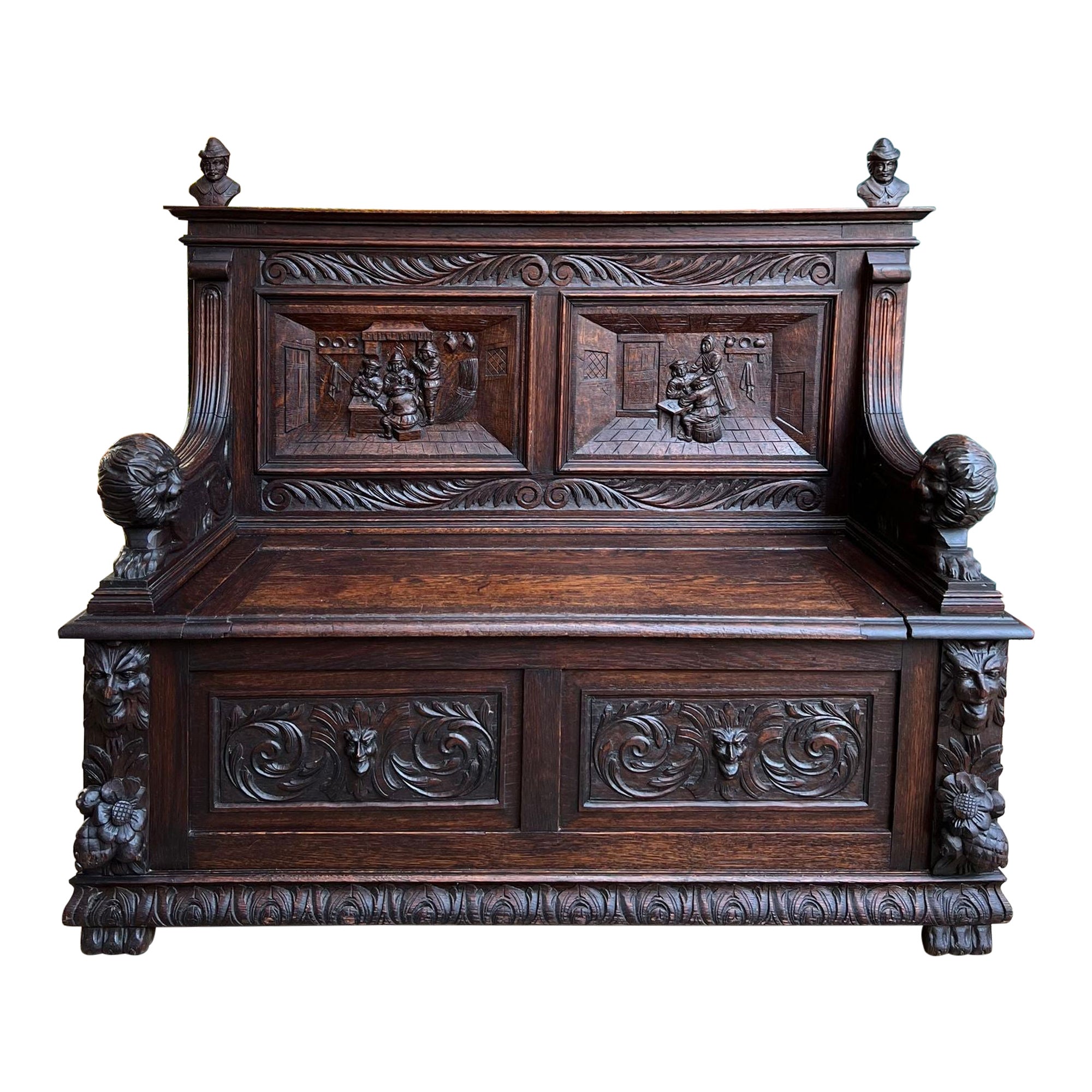 Antique French Hall Bench Breton Brittany Small Settee Carved Oak Lion Pew For Sale