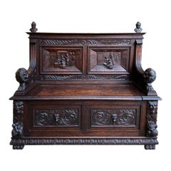 Antique French Hall Bench Breton Brittany Small Settee Carved Oak Lion Pew