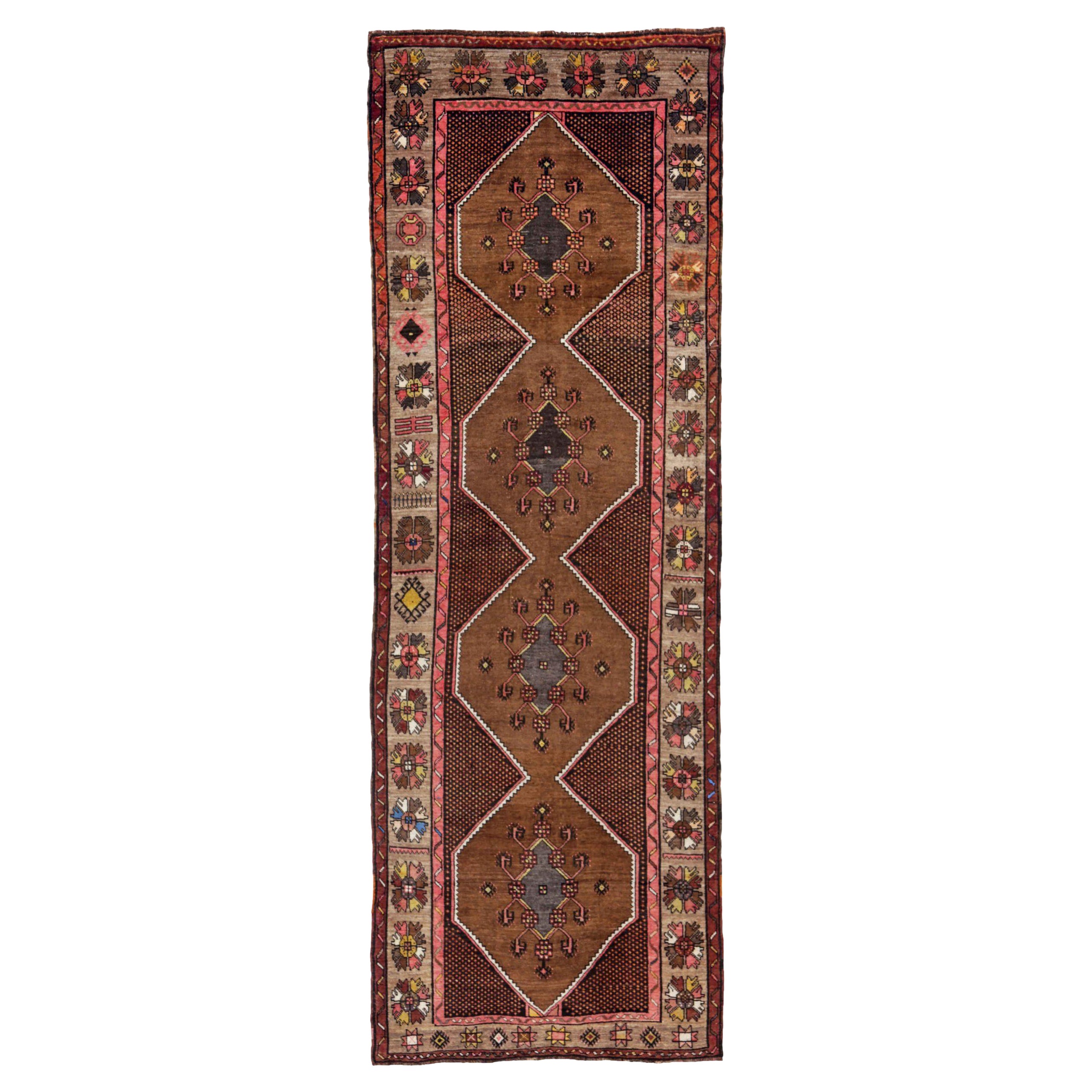 Persische Aserbaidschan Läufer Teppich - Wolle Braun Elfenbein Rosa Design - 91167