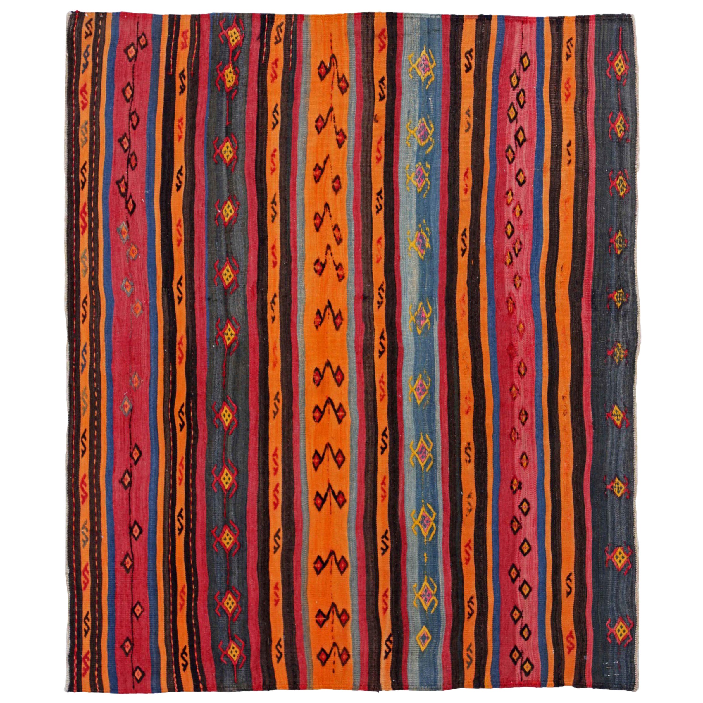 Persian Kilim Small Rug - Wool Blue Brown Orange Pink Red - 91159