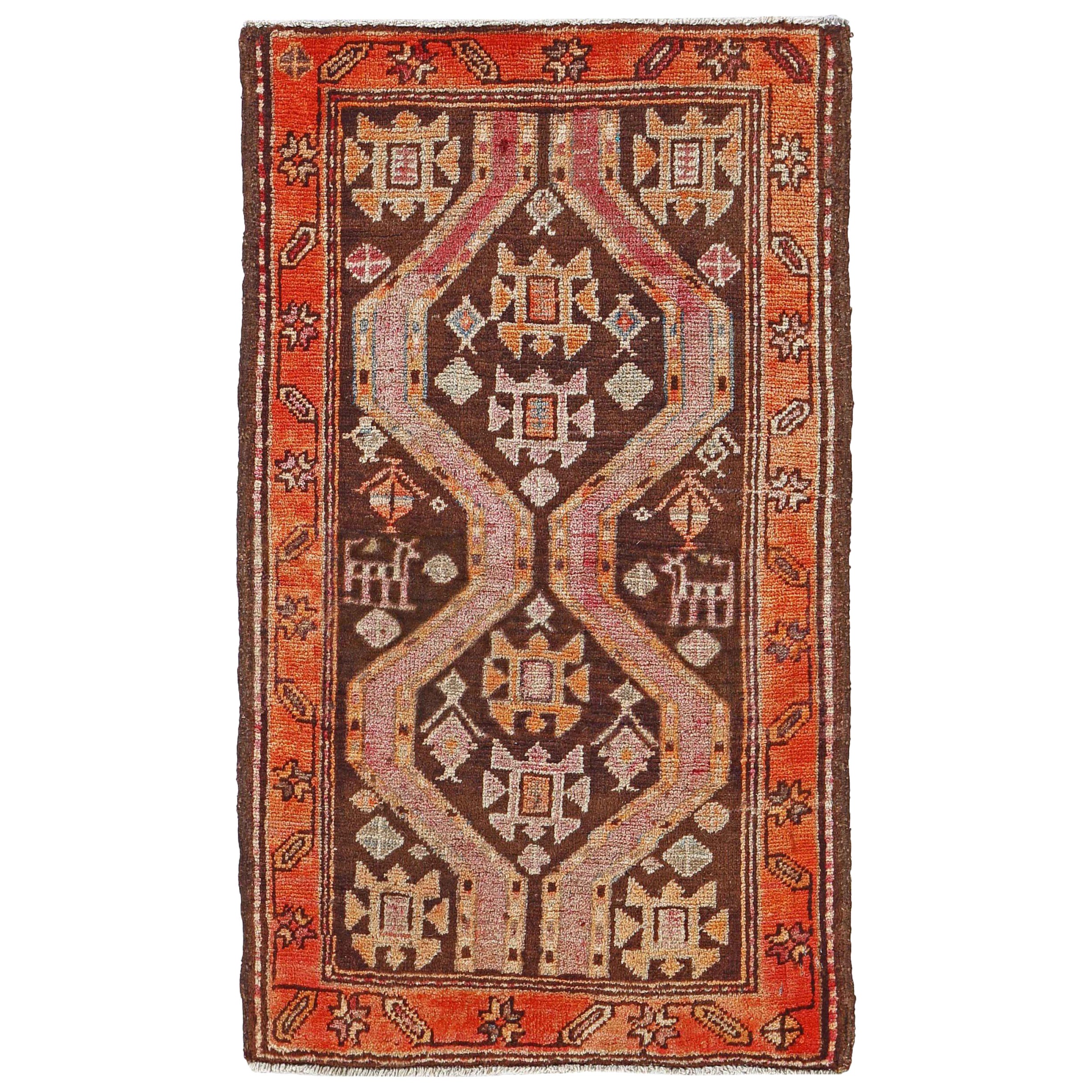 Persian Azerbaijan Small Rug - Wool Brown Orange Pink Design - 91173 For Sale