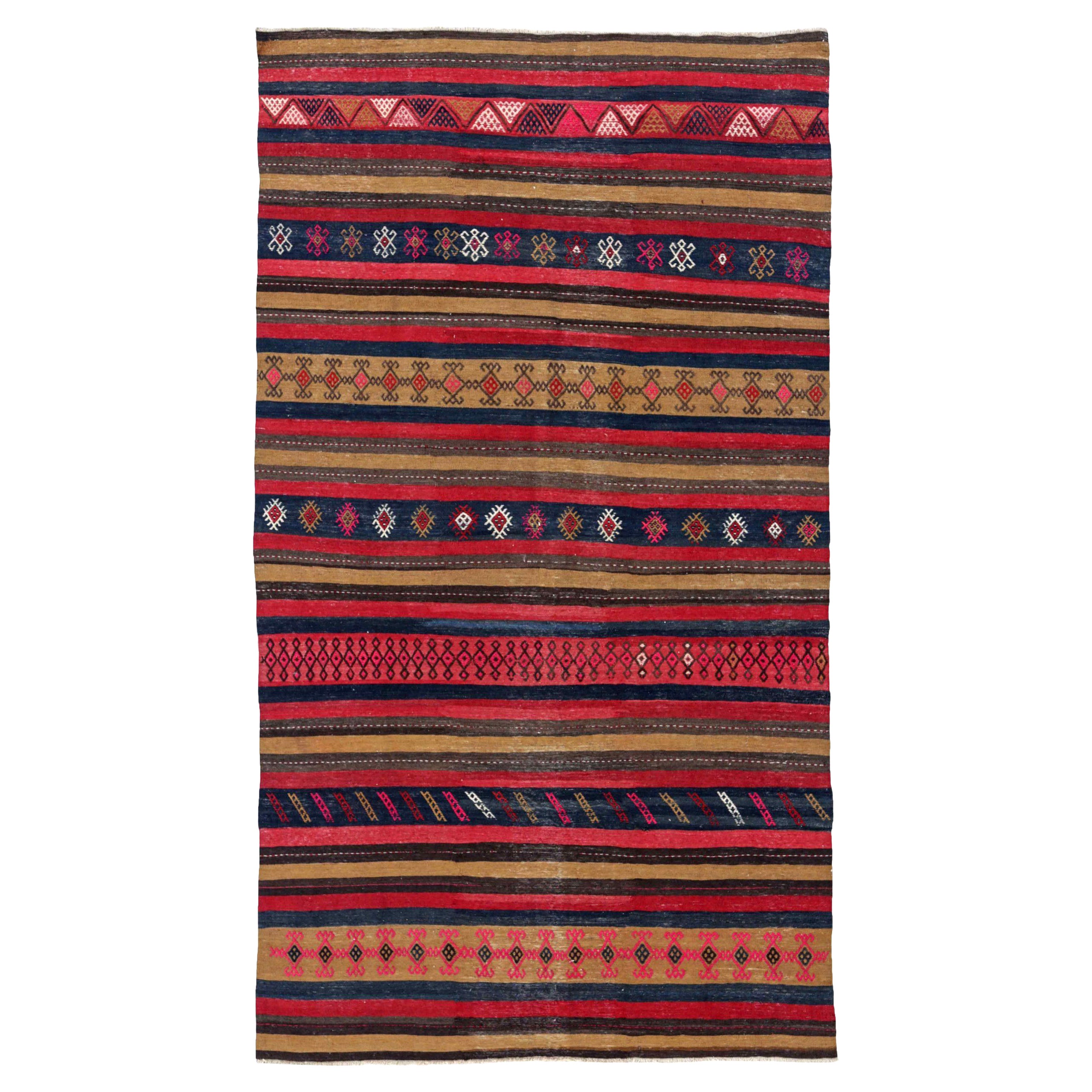 Persian Kilim Small Rug Circa 1910 - Wool Navy Blue Pink Yellow Design - 91174