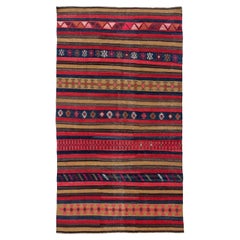 Persian Kilim Small Rug Circa 1910 - Wool Navy Blue Pink Yellow Design - 91174