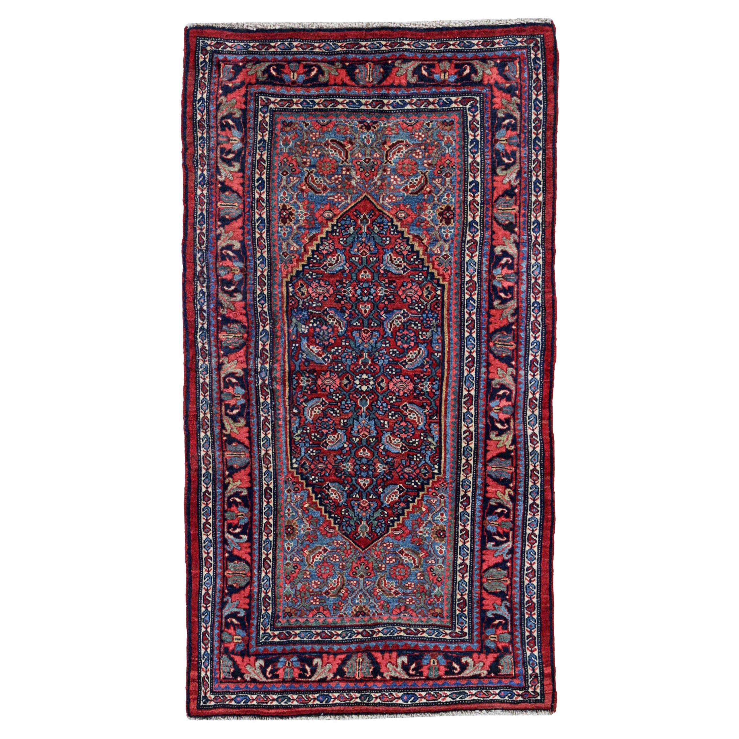 Persischer Bijar Kleiner Teppich Circa 1910 - Wolle Blau Marineblau Rosa Rot Design - 91175