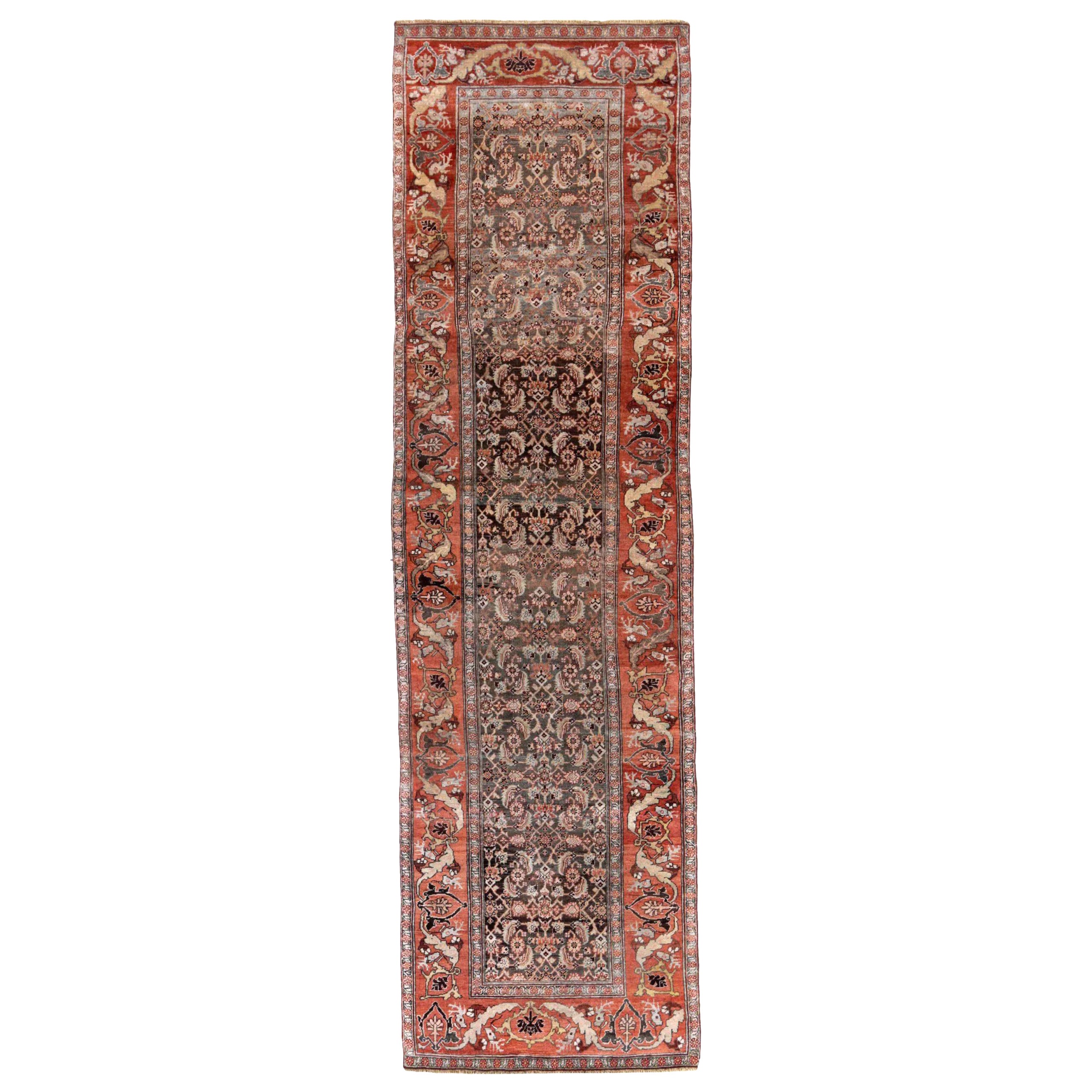 Persische Bijar Läufer Teppich Circa 1910 - Wolle Brown Elfenbein Rosa Design - 91162