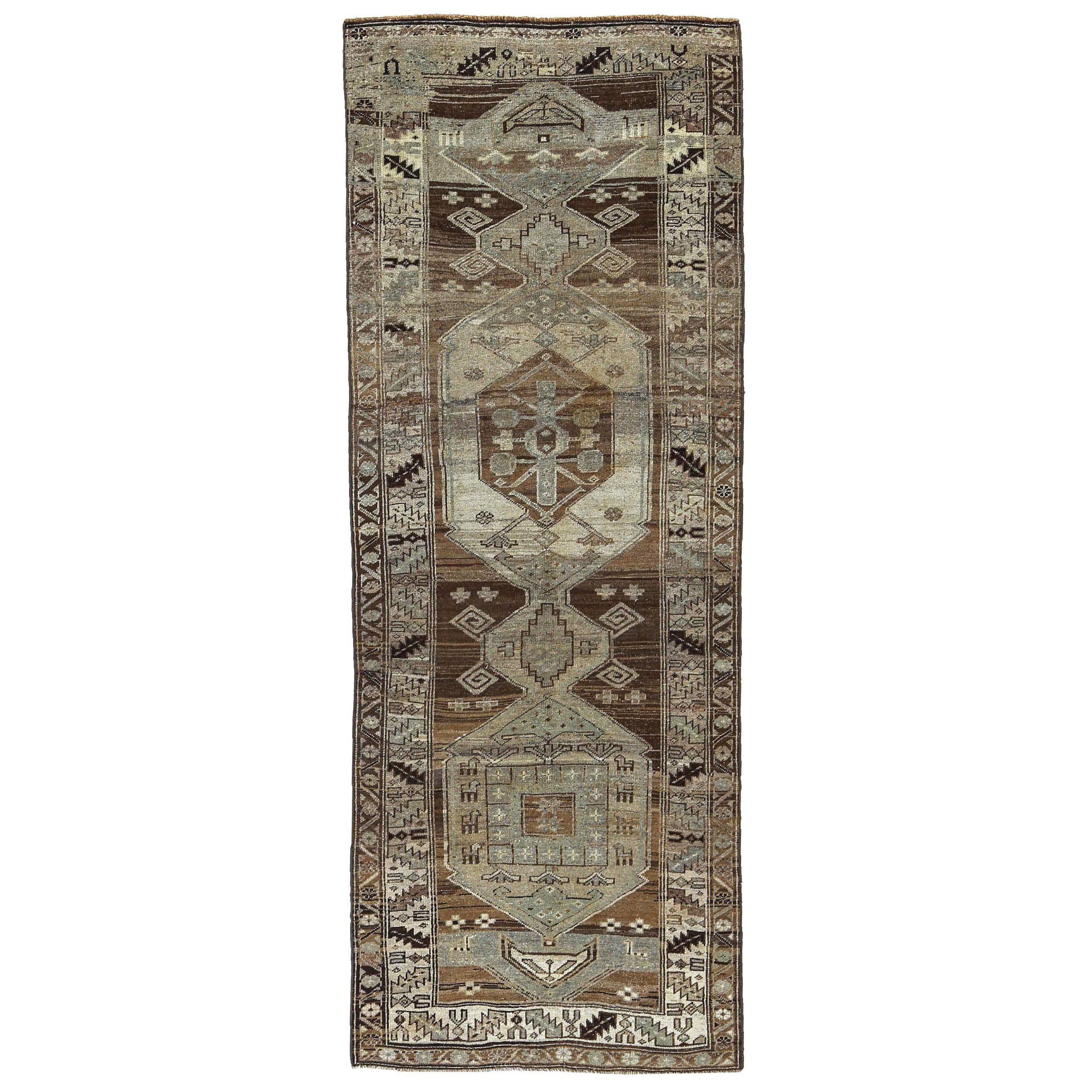 Persische Aserbaidschan Läufer Teppich CIRCA 1910 - Wolle Braun Elfenbein Design - 91176