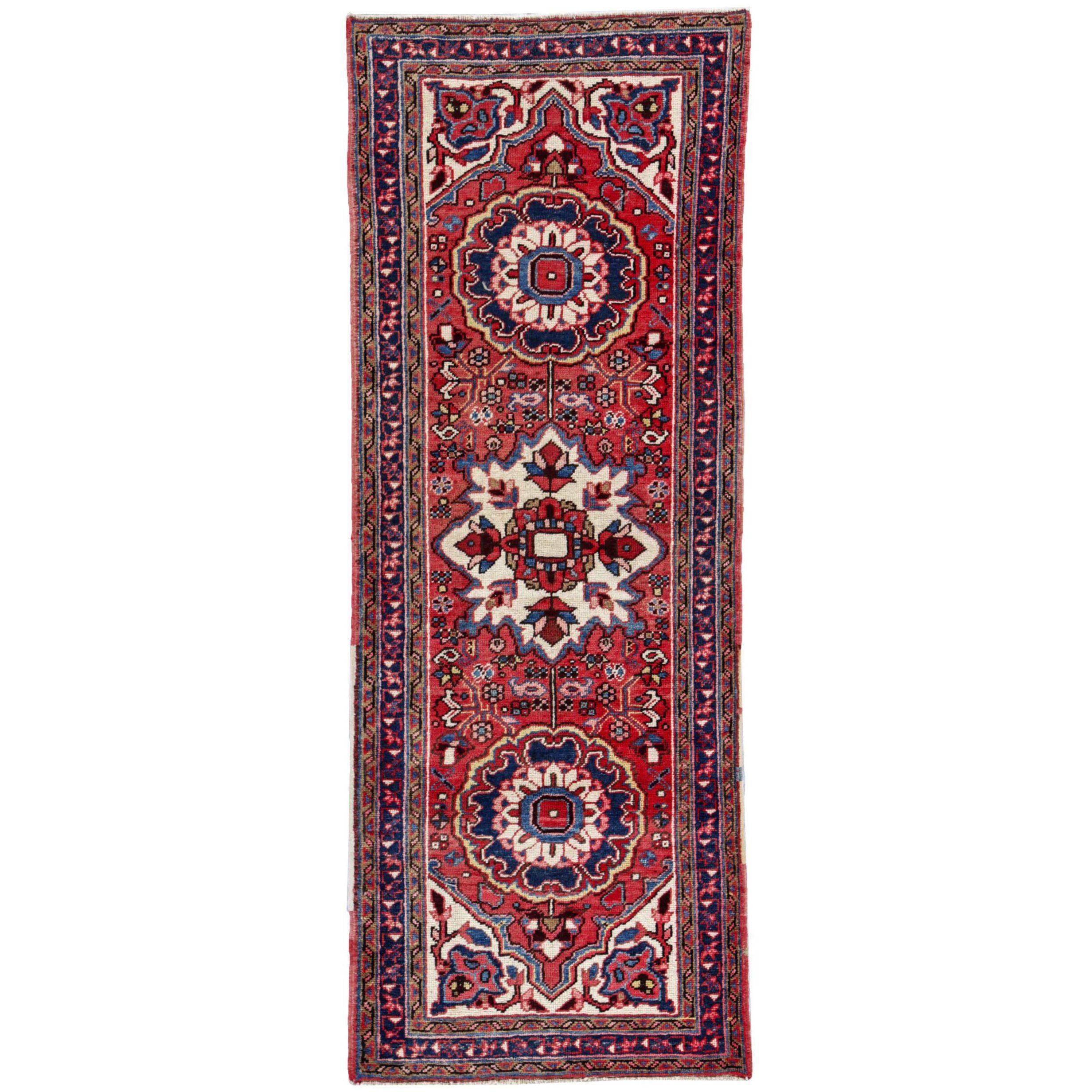 Persischer Heriz-Läufer Circa 1910 - Wolle Blau Elfenbein Rot Design - 91195